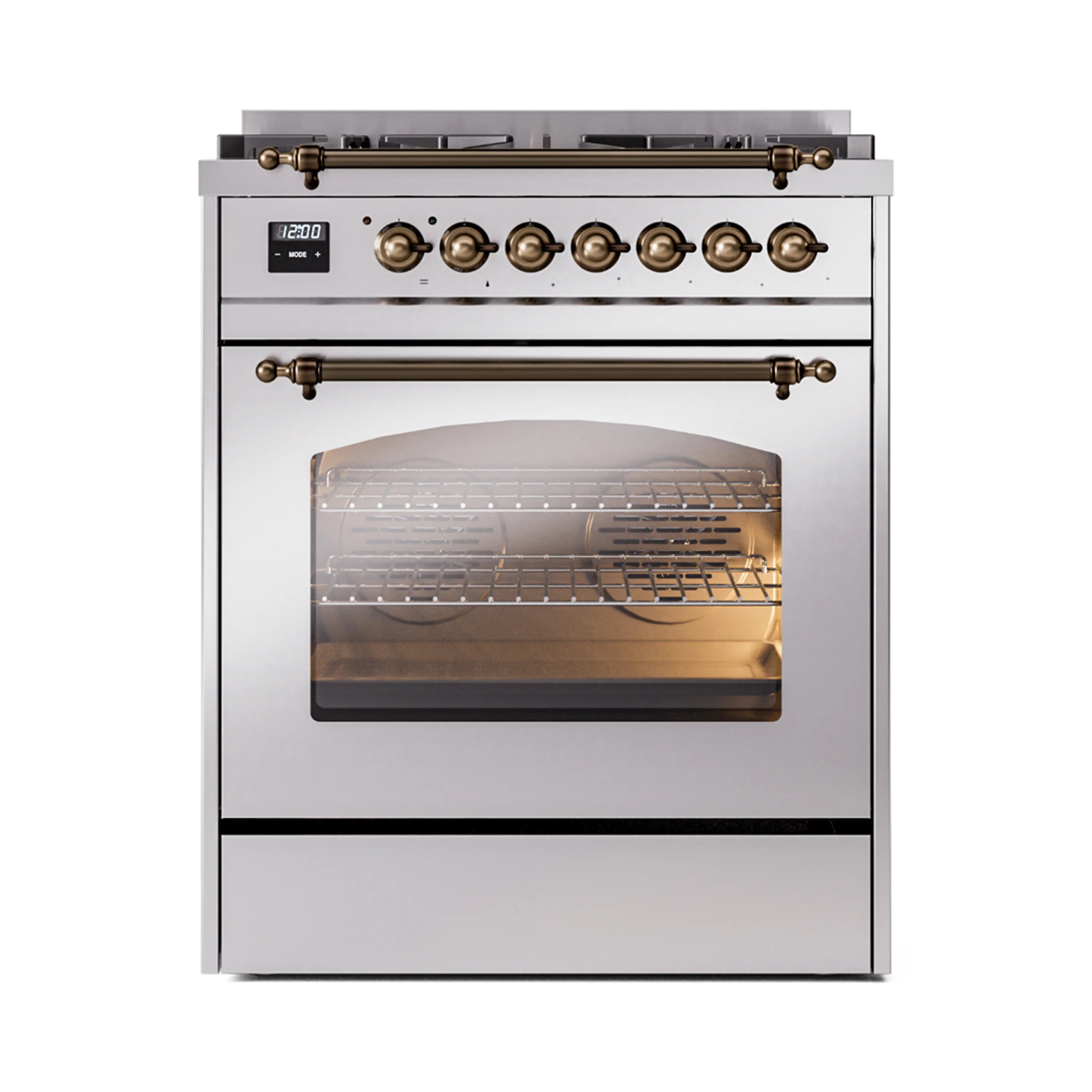 Freestanding dual fuel range with bronze trim knobs and open oven door, stainless finish