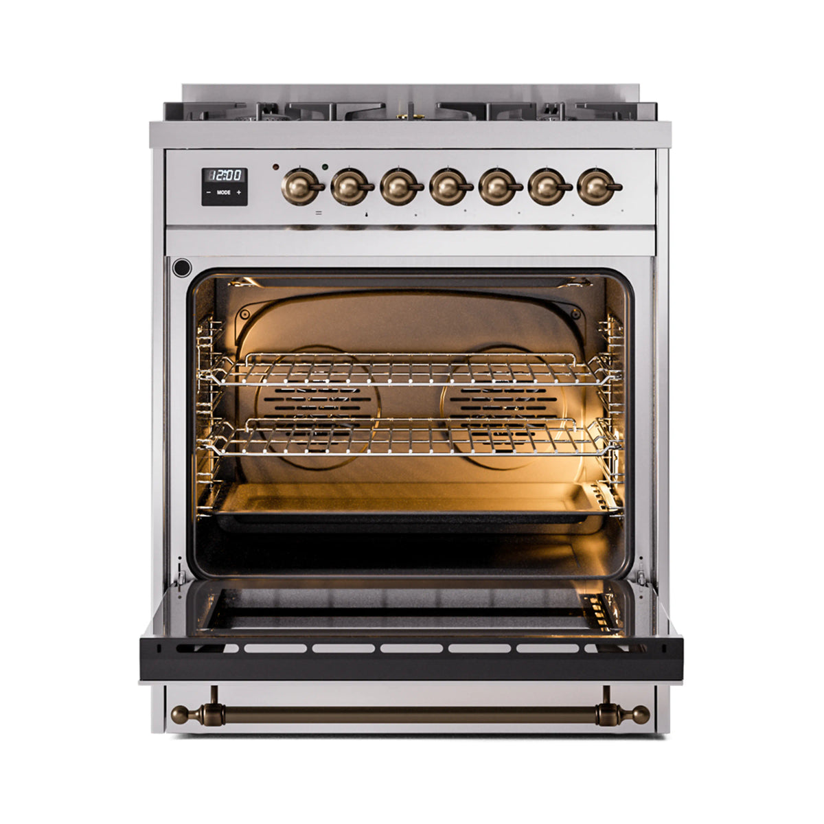 Freestanding dual fuel range with oven door open showing lit interior racks and burner components