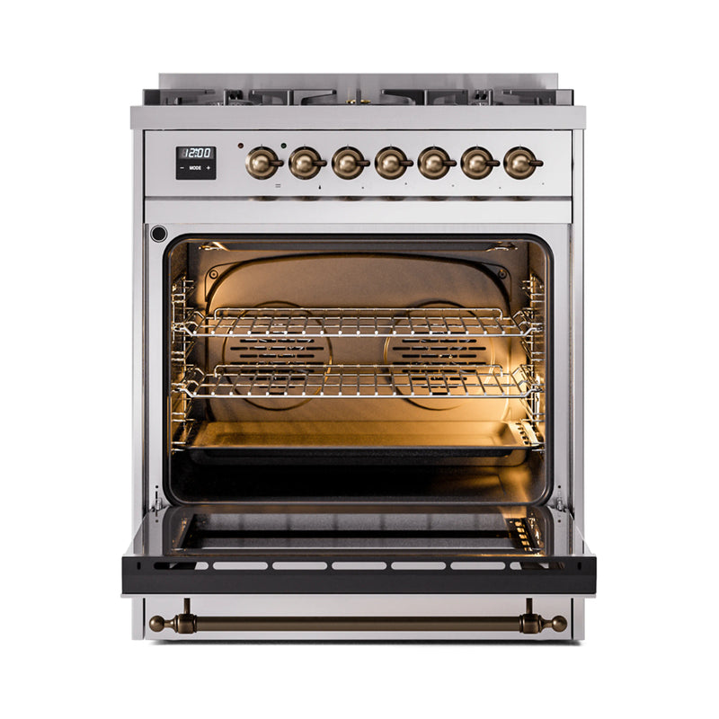 ILVE Nostalgie II 30-Inch Dual Fuel Freestanding Range in Stainless Steel with Bronze Trim (UP30NMPSSB)