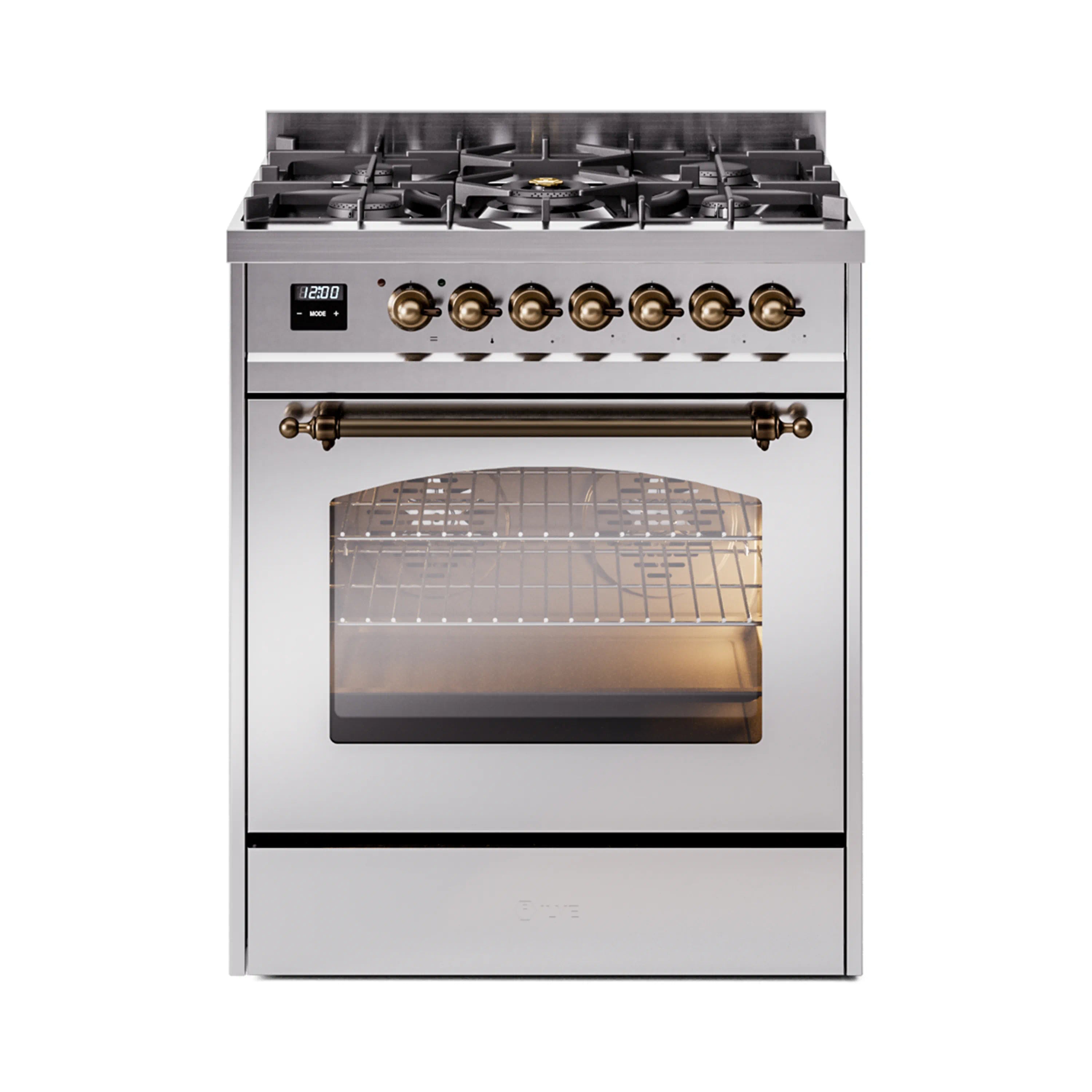 Freestanding dual fuel range with stainless front, bronze handle, and oven viewing window