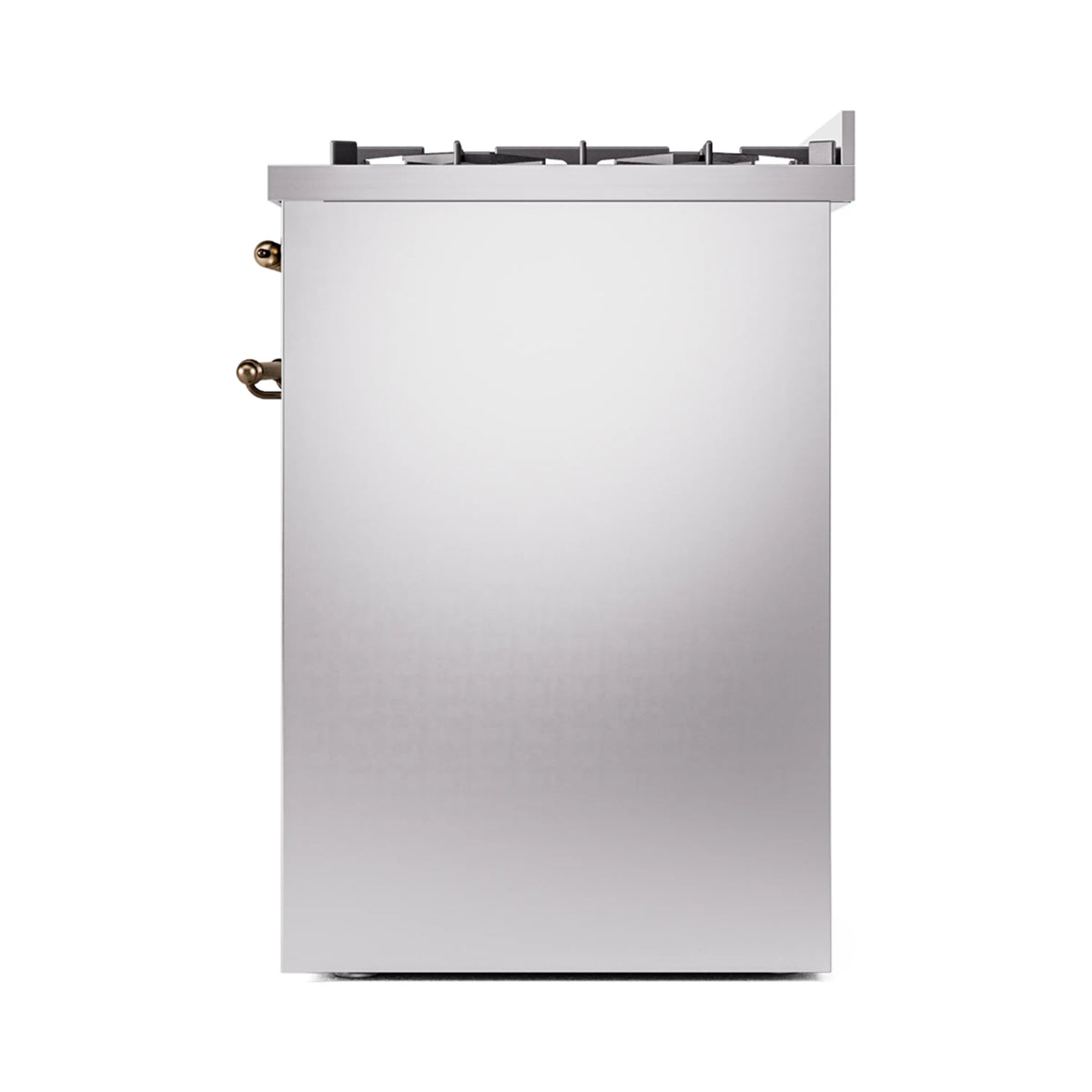 Freestanding dual fuel range side view in stainless steel with bronze control trim