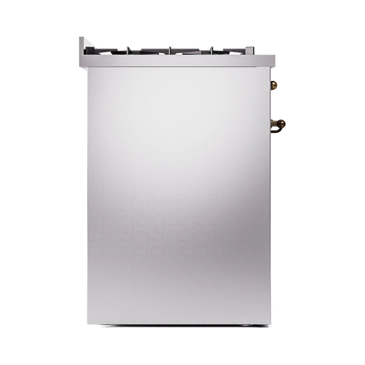 Freestanding dual fuel range rear/side view in stainless steel with bronze side hardware