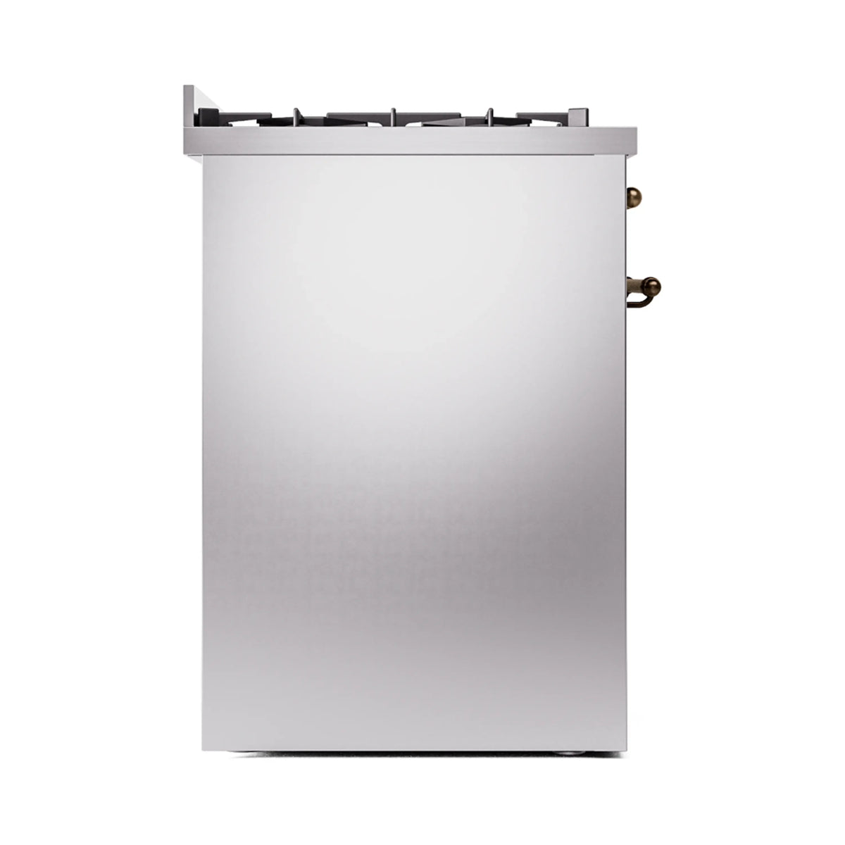 Stainless steel freestanding range side view with bronze knobs along the right edge