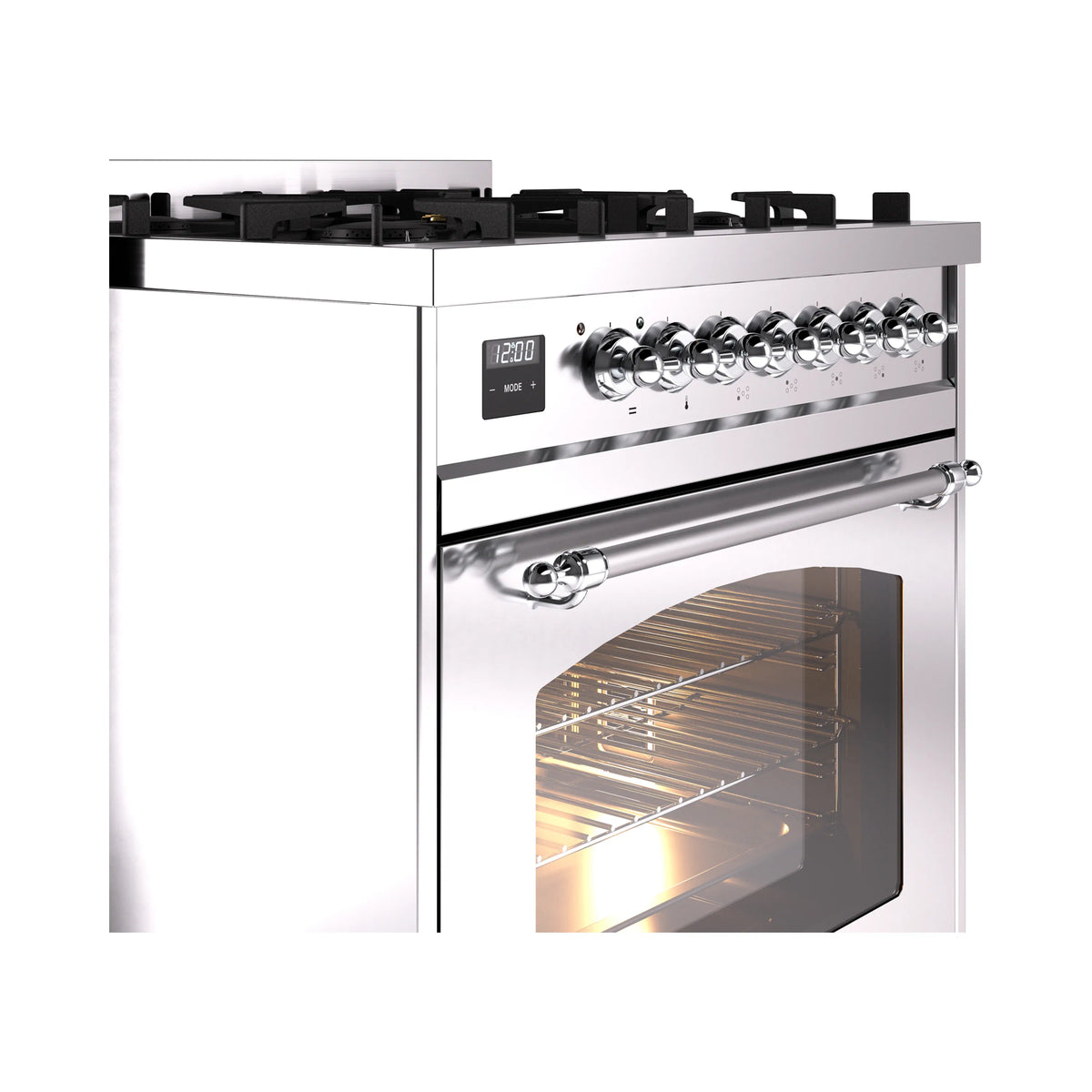Dual fuel freestanding range front view with control knobs and oven door handle