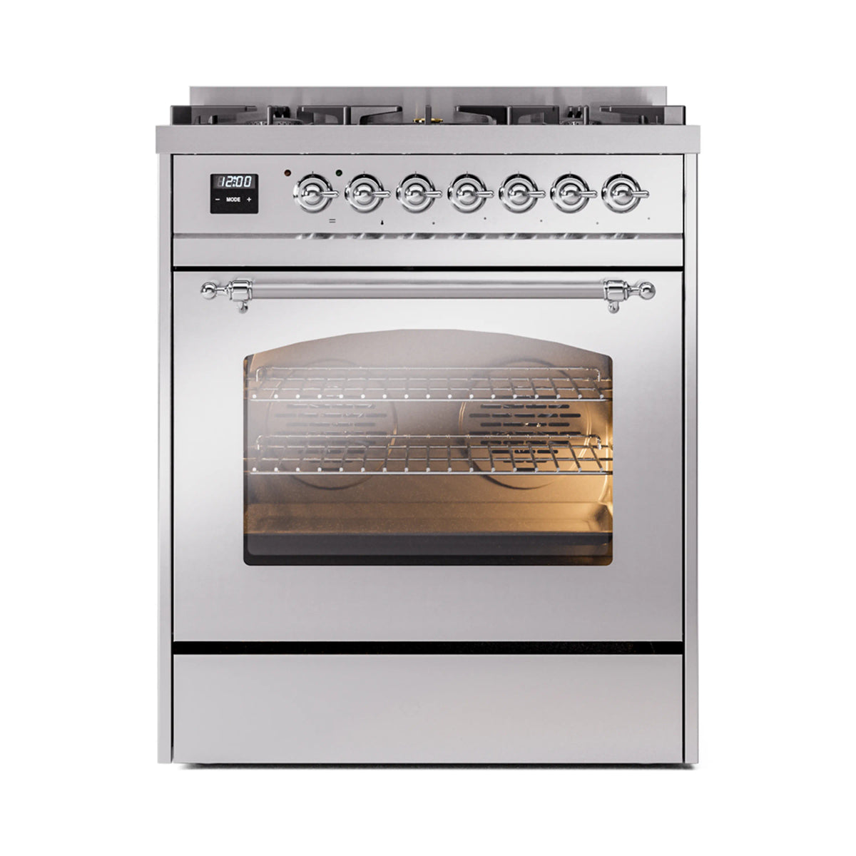 Stainless steel dual fuel freestanding range with chrome knobs and oven window