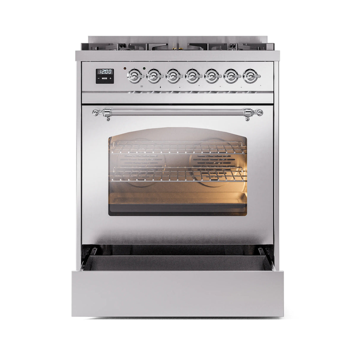 Dual fuel freestanding range with oven door open, lit interior and glass window