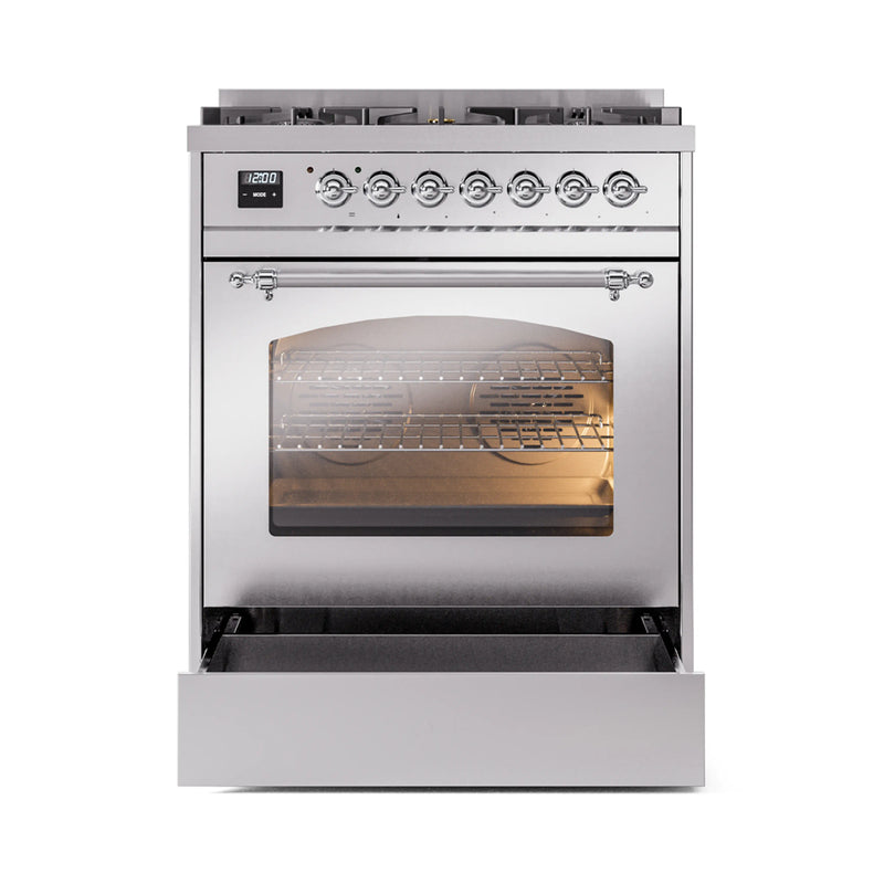 ILVE Nostalgie II 30-Inch Dual Fuel Freestanding Range in Stainless Steel with Chrome Trim (UP30NMPSSC)