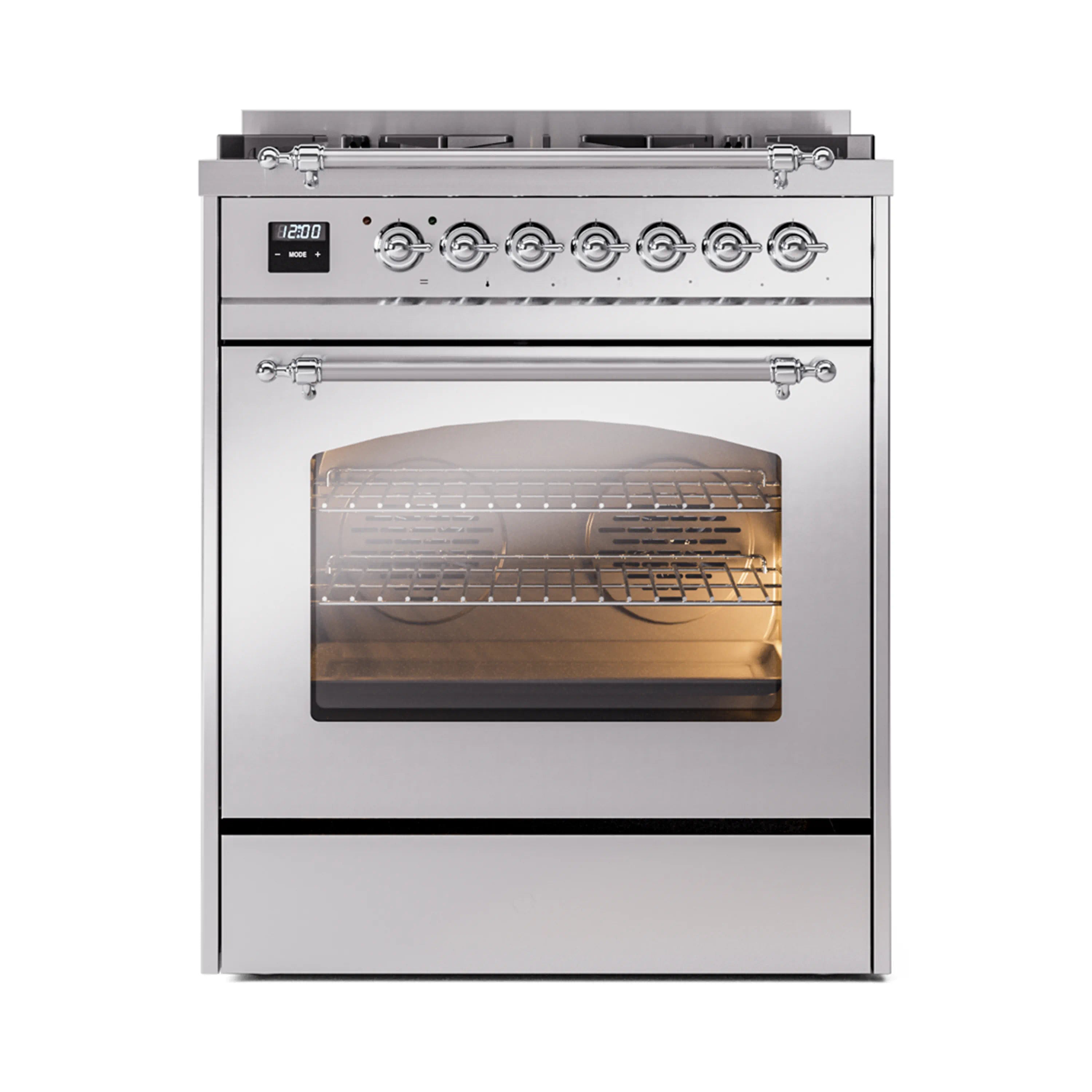 Stainless steel dual fuel freestanding range with chrome trim, oven door and window