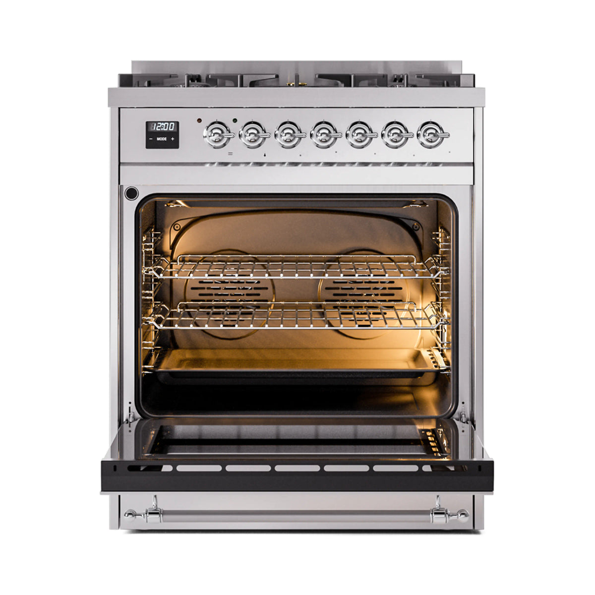 Dual fuel freestanding range with open oven door, lit oven interior and racks