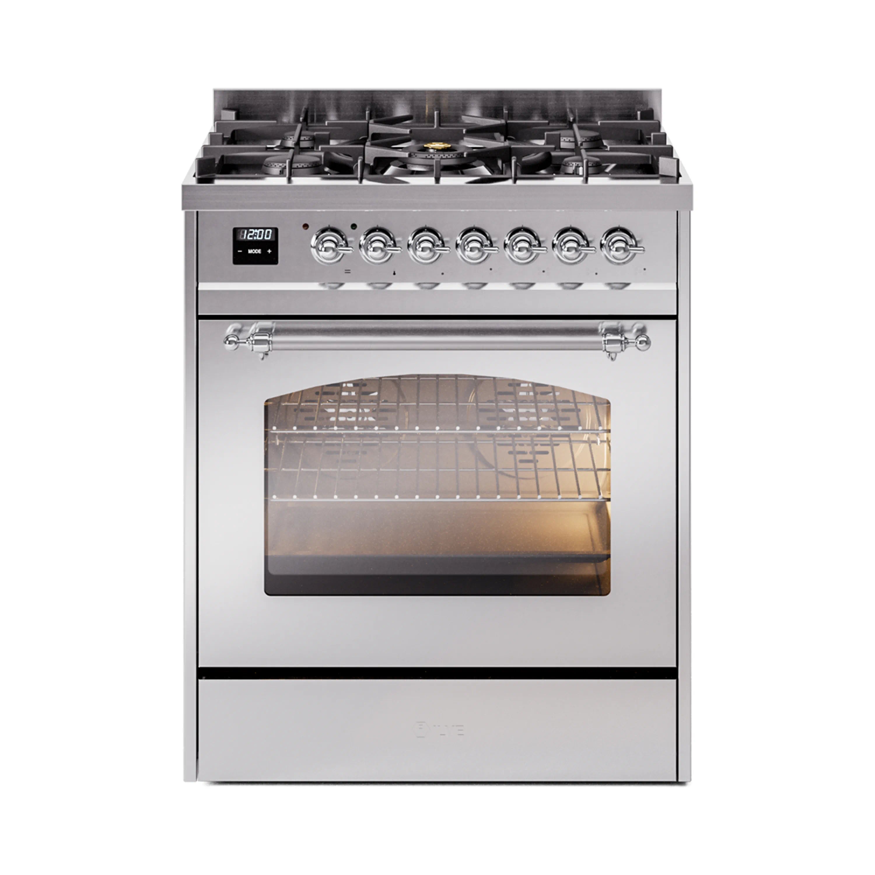 Stainless steel dual fuel freestanding range with gas burners on top and oven window