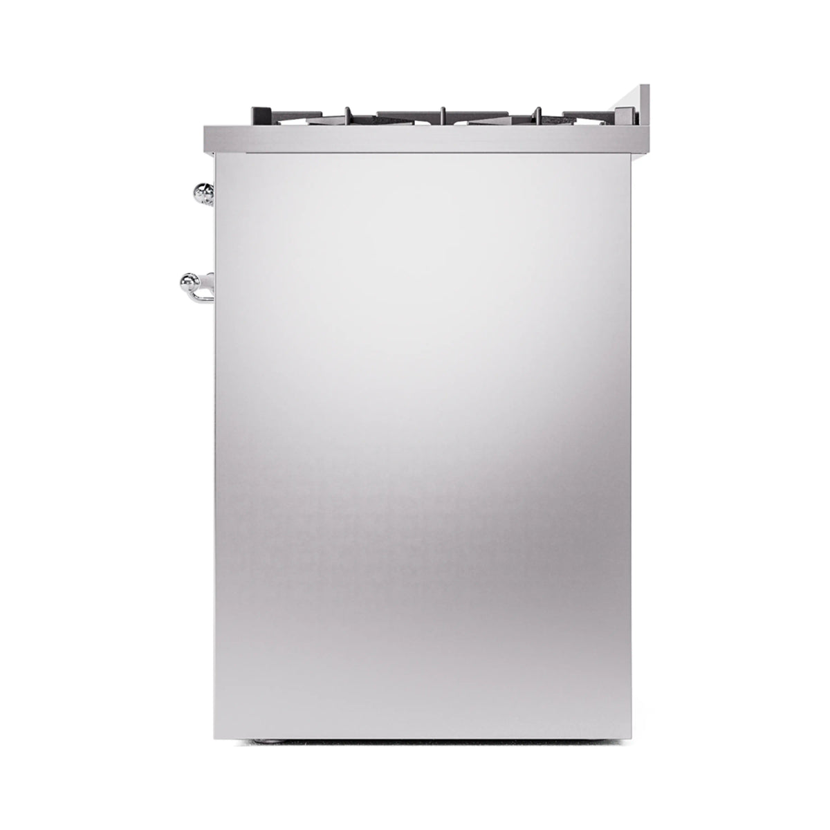 Stainless steel freestanding dual fuel range side panel with chrome control hardware
