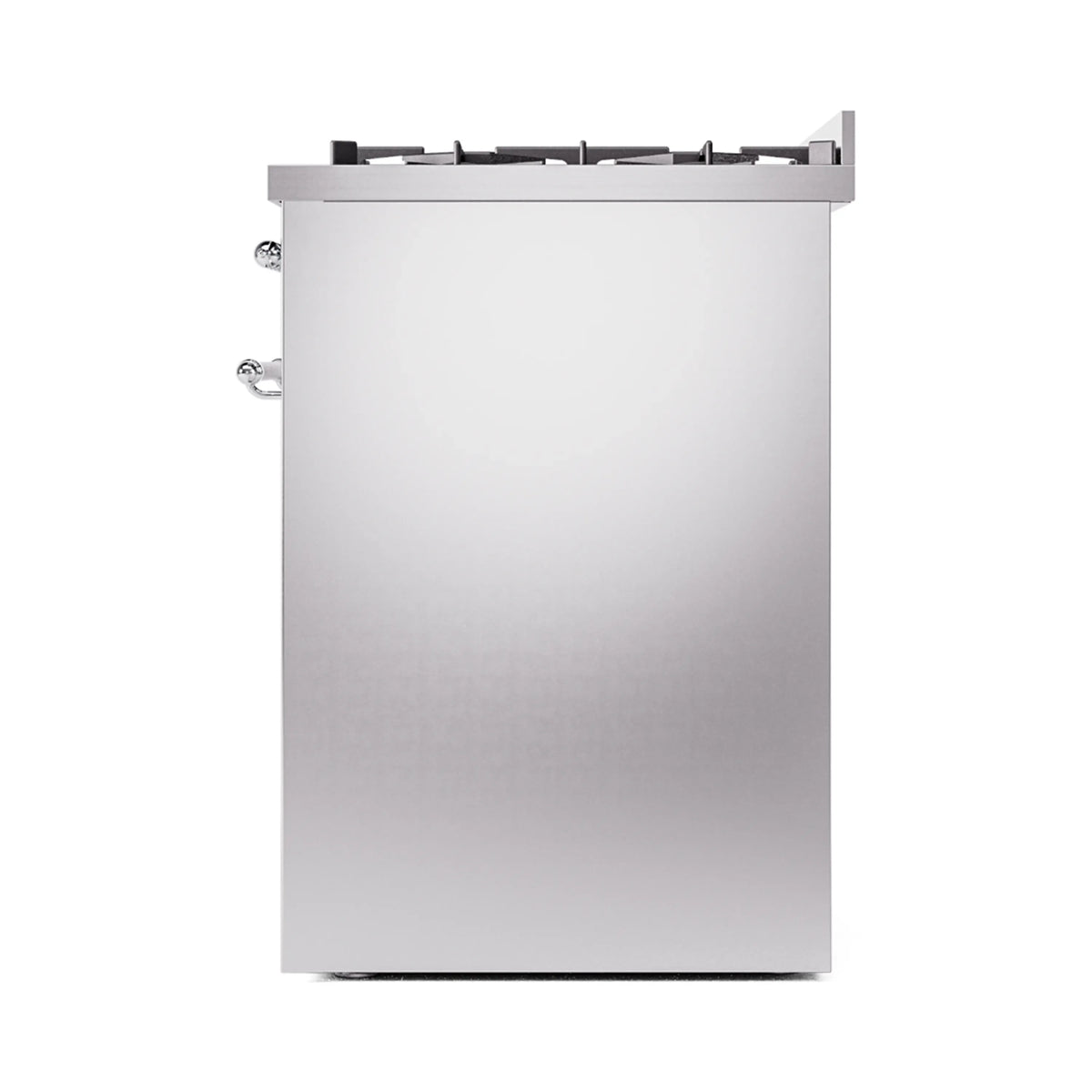 Stainless steel freestanding dual fuel range side view with top burner grates