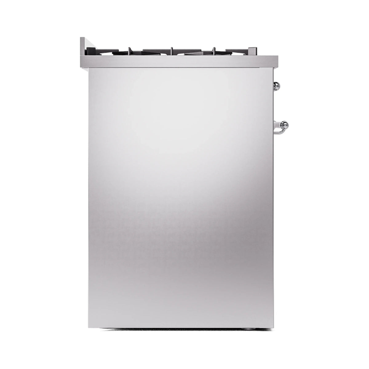 Stainless steel freestanding dual fuel range angled side view with top burner grates