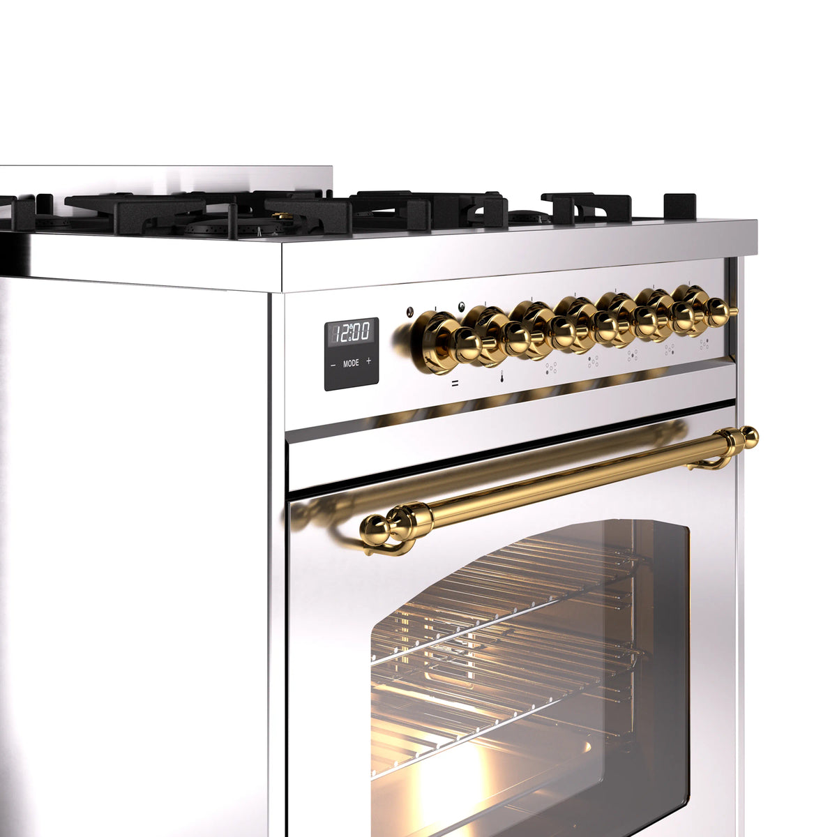 Stainless steel range control panel with brass knobs and oven door with window