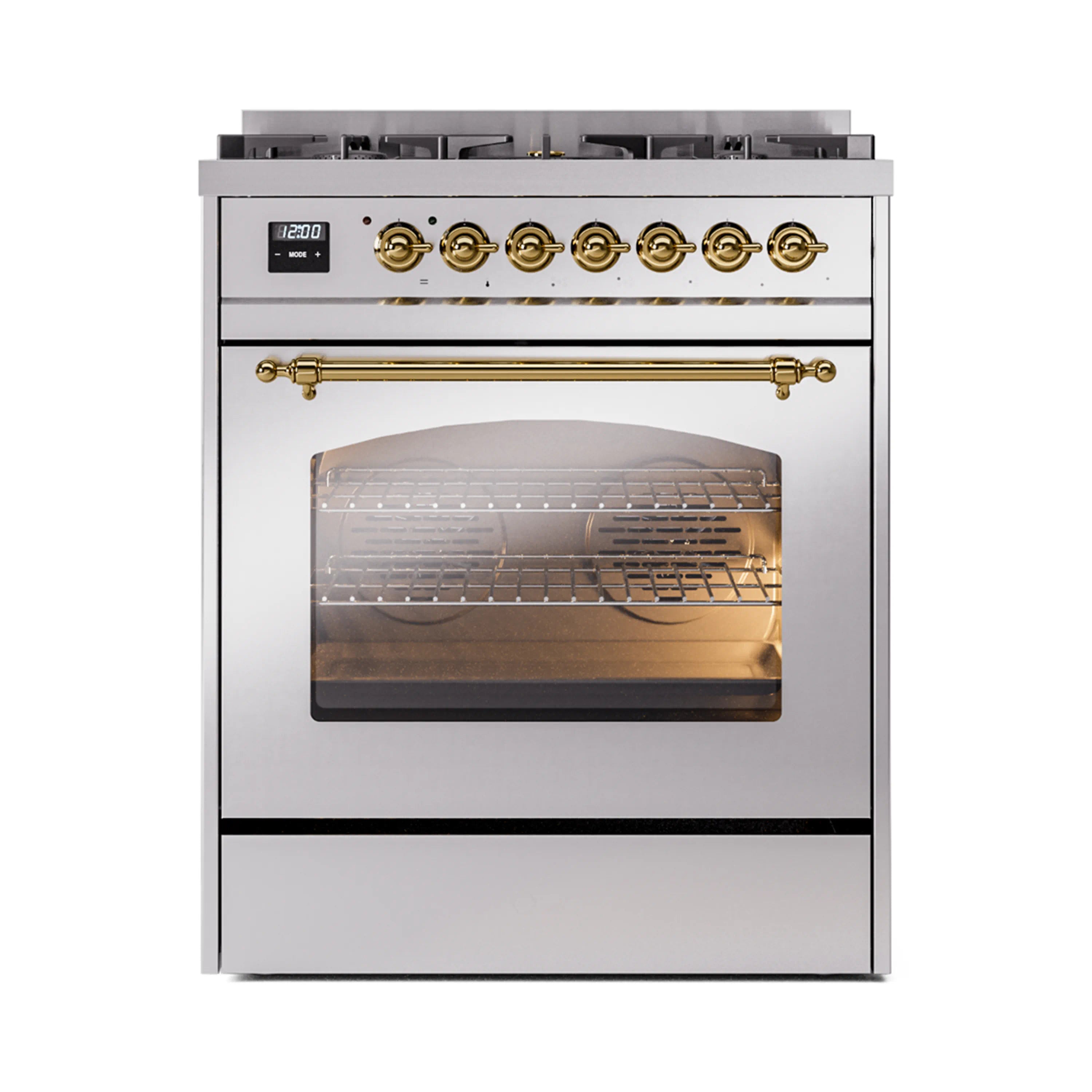 Stainless steel freestanding dual fuel range with brass-trim control panel and oven door
