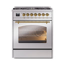 ILVE Nostalgie II 30-Inch Freestanding Natural Gas Dual Fuel Range in Stainless Steel with Brass Trim (UP30NMPSSG)