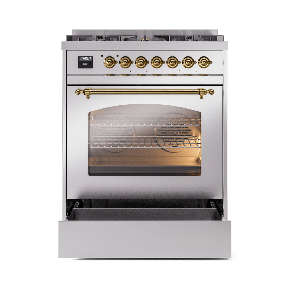 Stainless steel freestanding range with open oven door and brass-trim handles