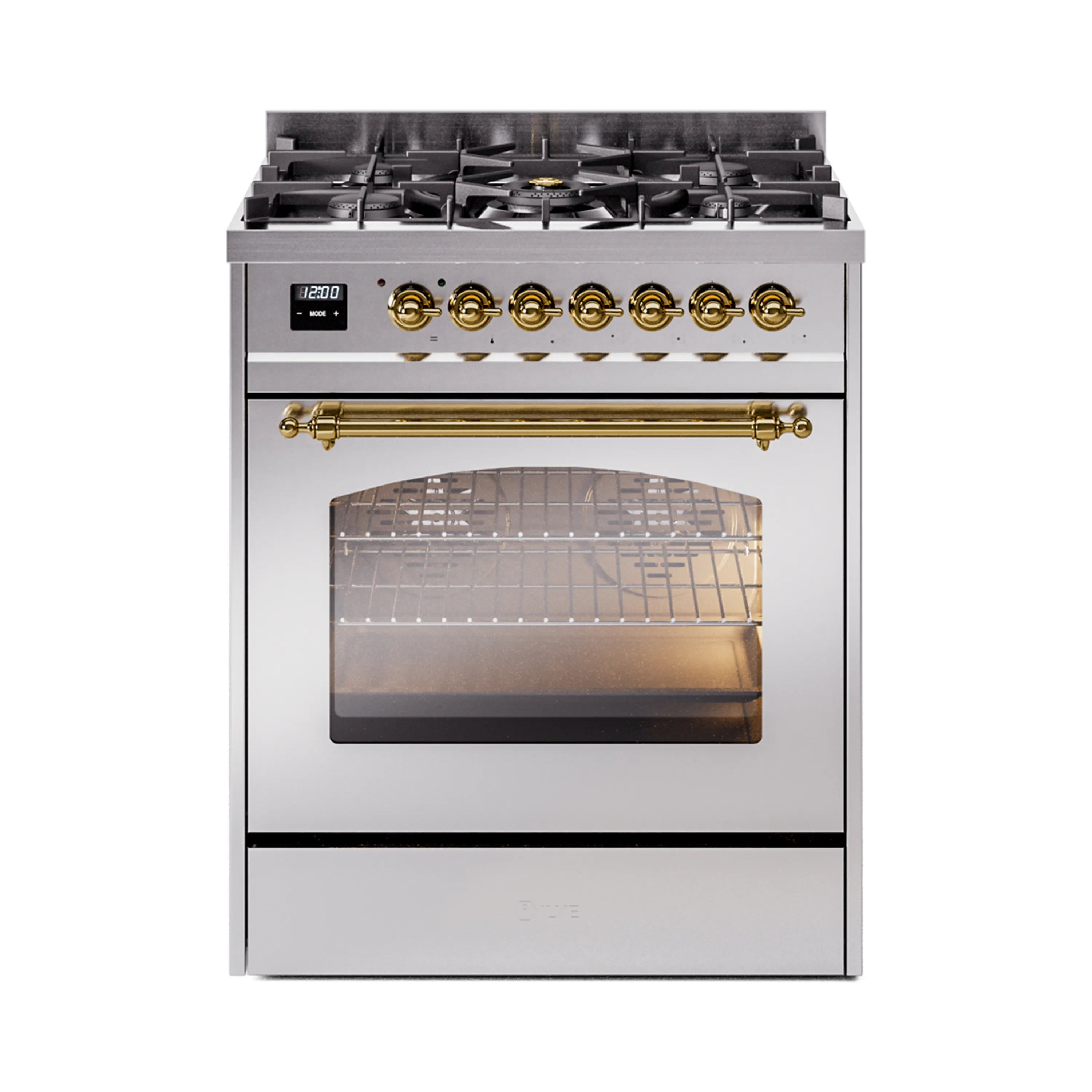 Stainless steel freestanding dual fuel range with brass-trim knobs and oven door