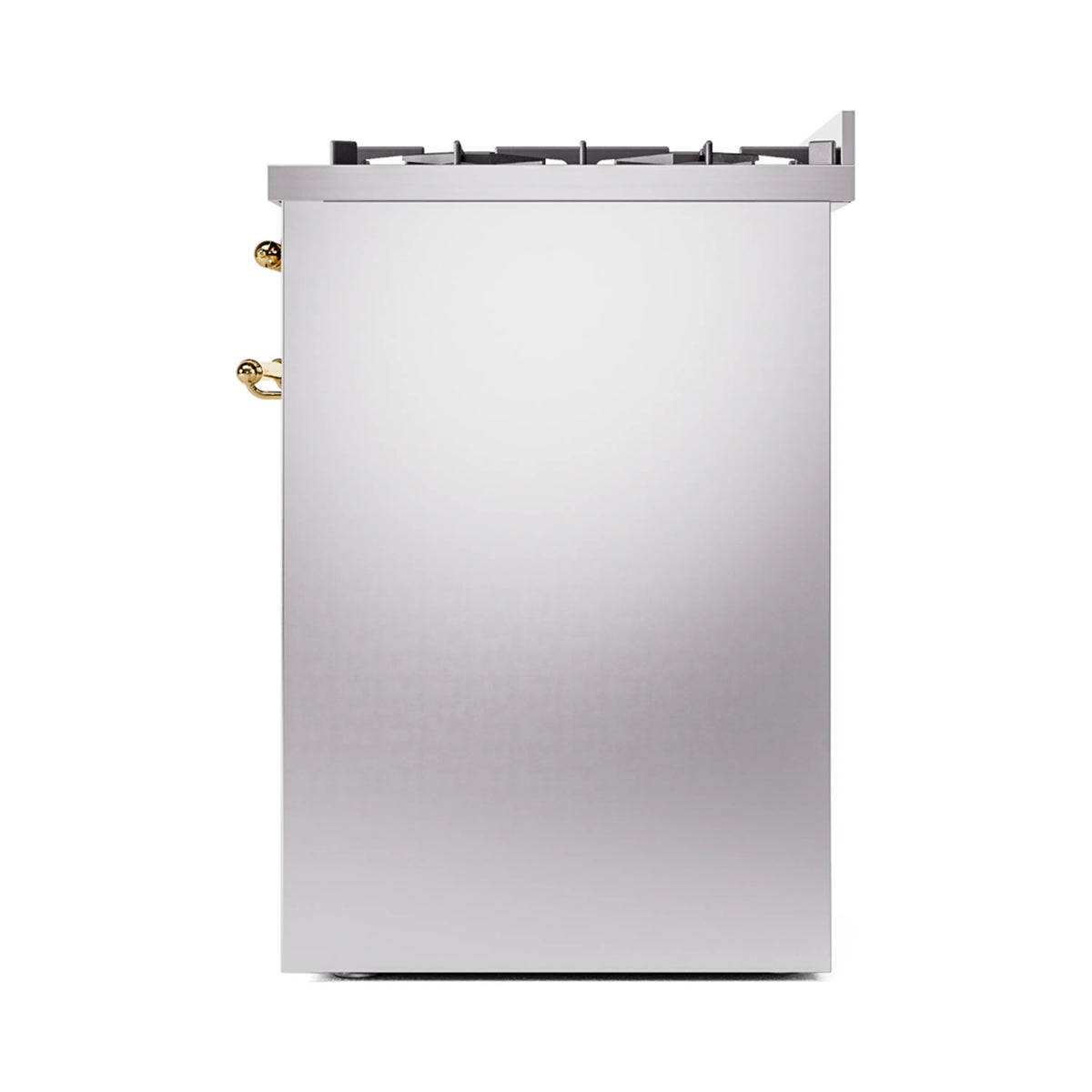 Stainless steel freestanding range, back view with brass side knobs and cooktop grate