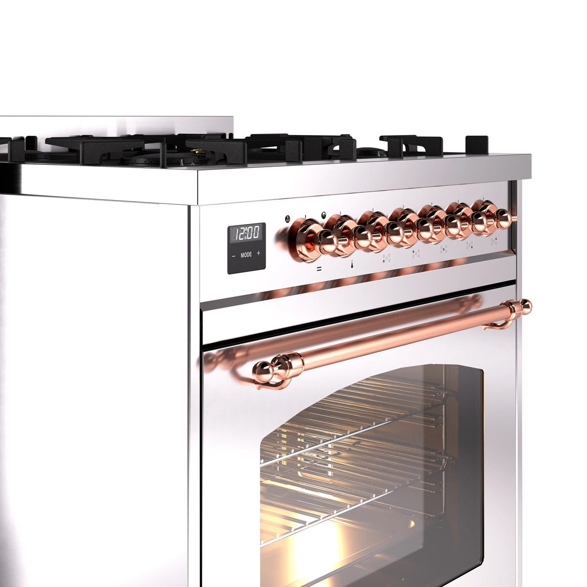 Dual fuel range control panel with copper knobs and oven door with warm interior light