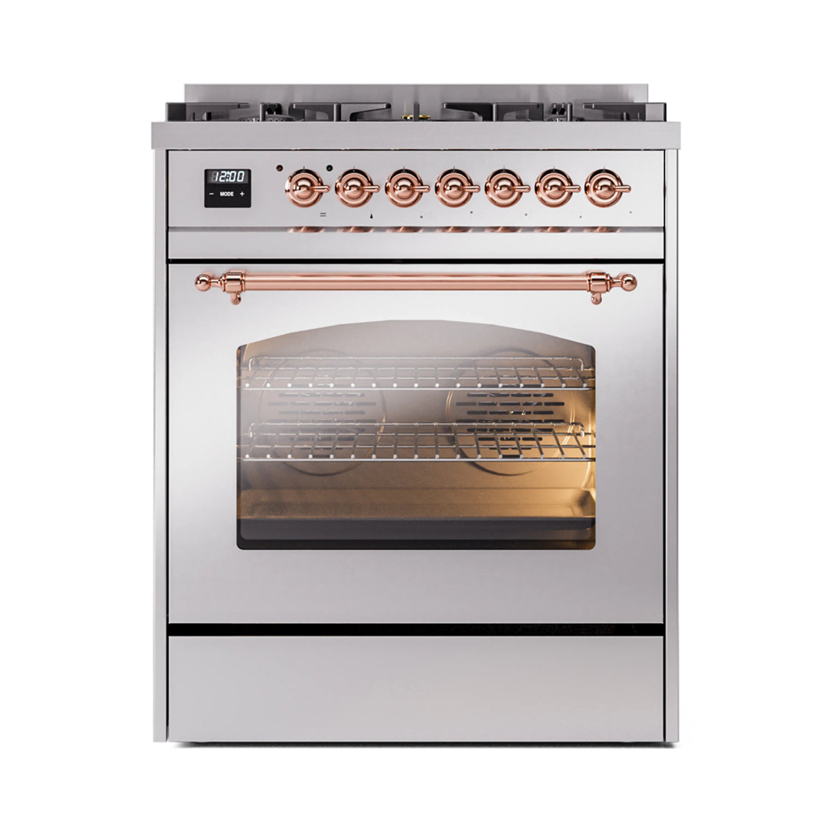 Stainless steel dual fuel range with copper-trim control panel and illuminated oven