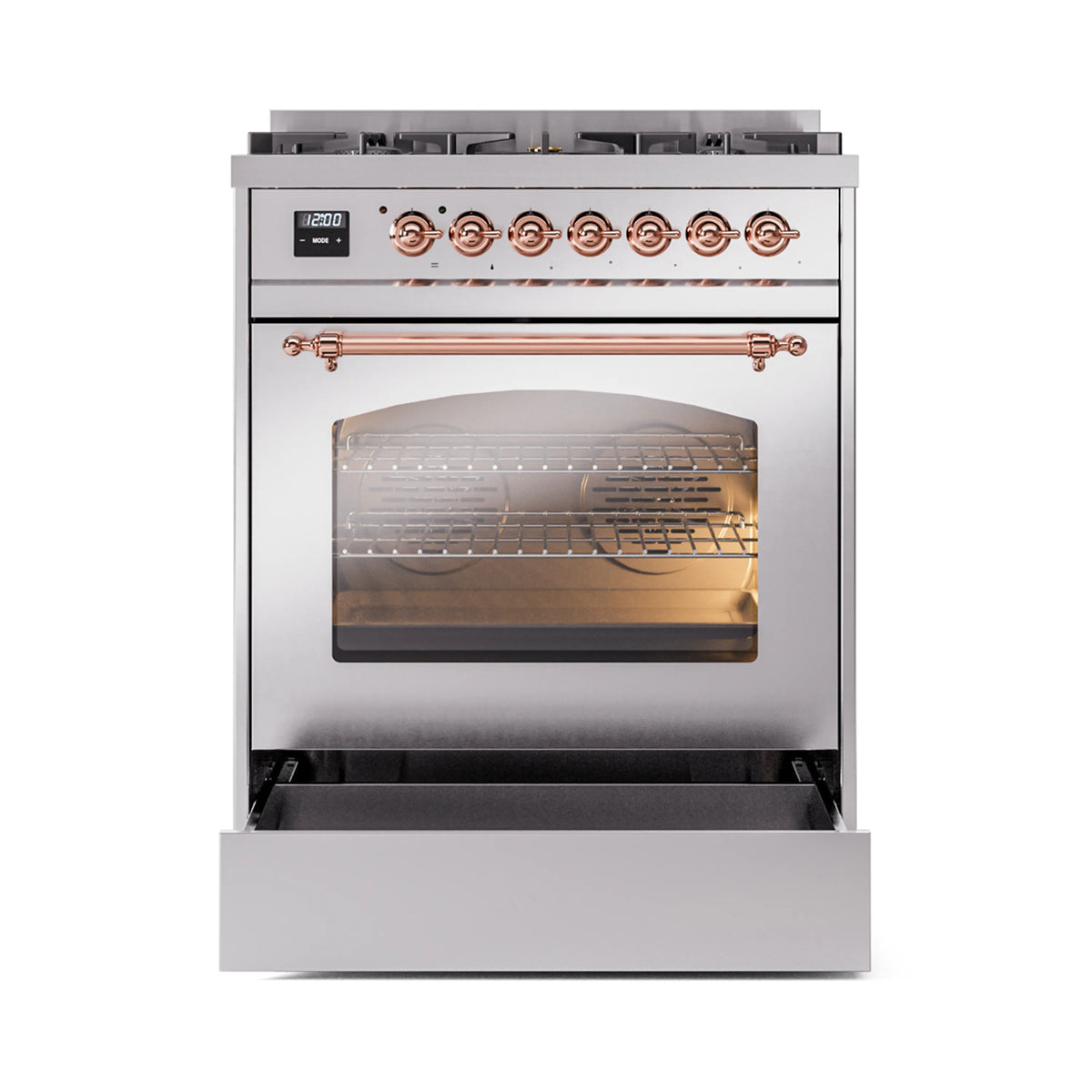 Stainless steel dual fuel range with copper-trim control panel and oven door ajar