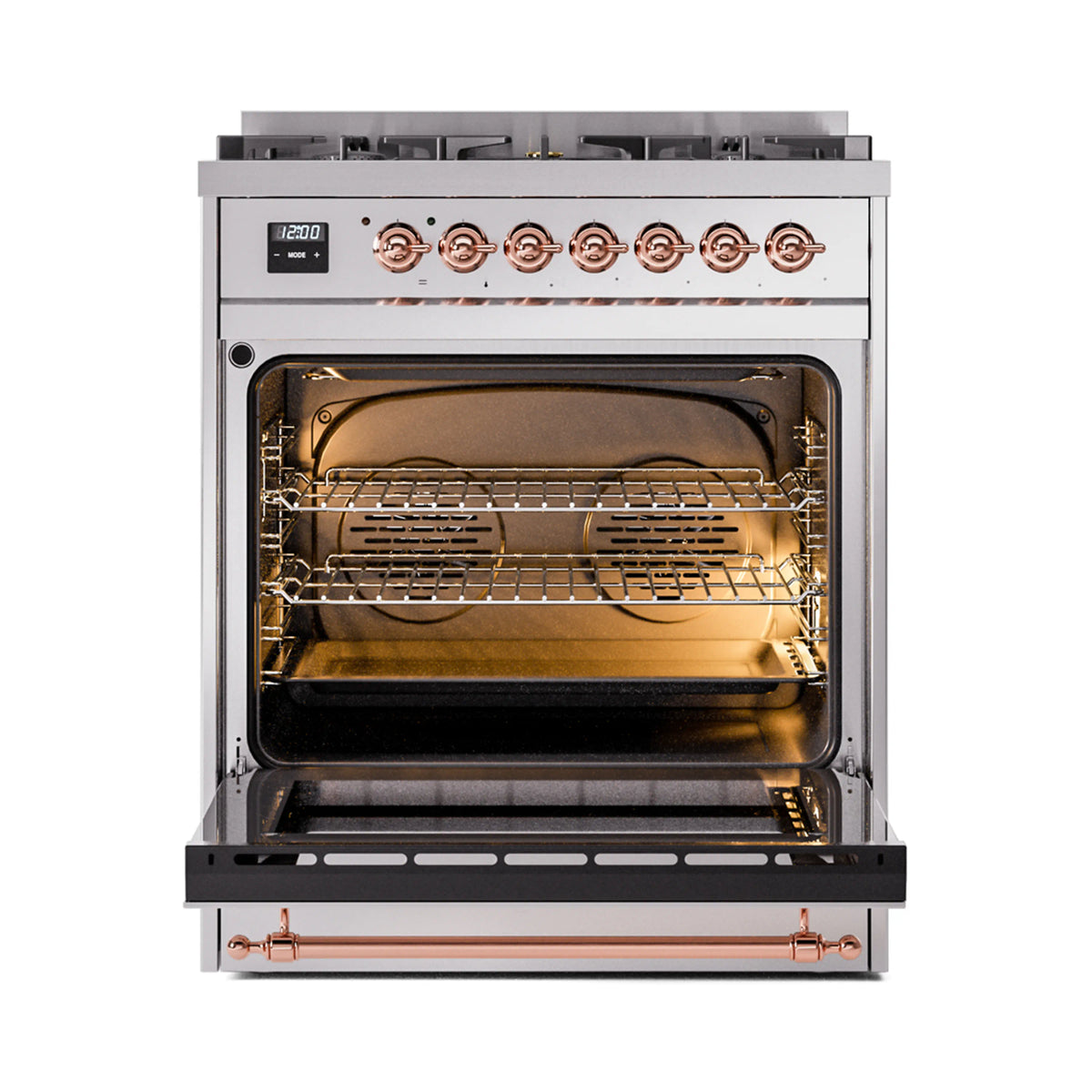 Dual fuel range oven interior with racks, warm light, and copper-trim styling