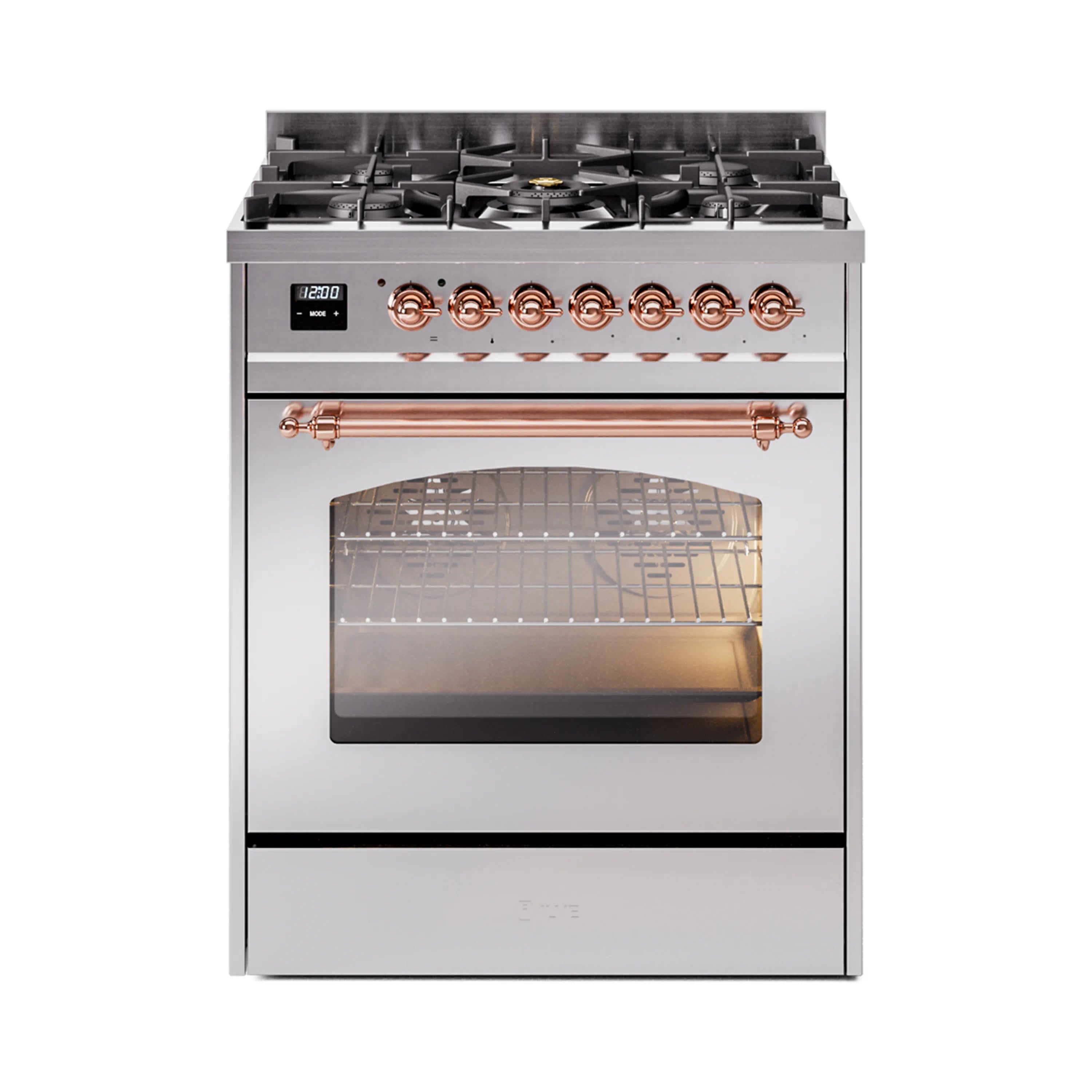 Stainless steel dual fuel range with copper control bar, burners, and oven door open