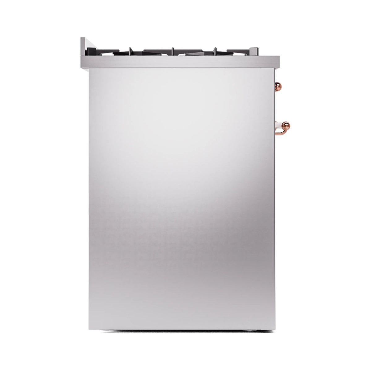 Stainless steel dual fuel range side view with copper trim accents near the back