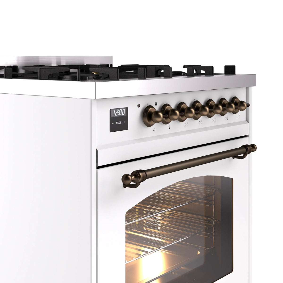 White range front corner with bronze knob row, control display, and oven door
