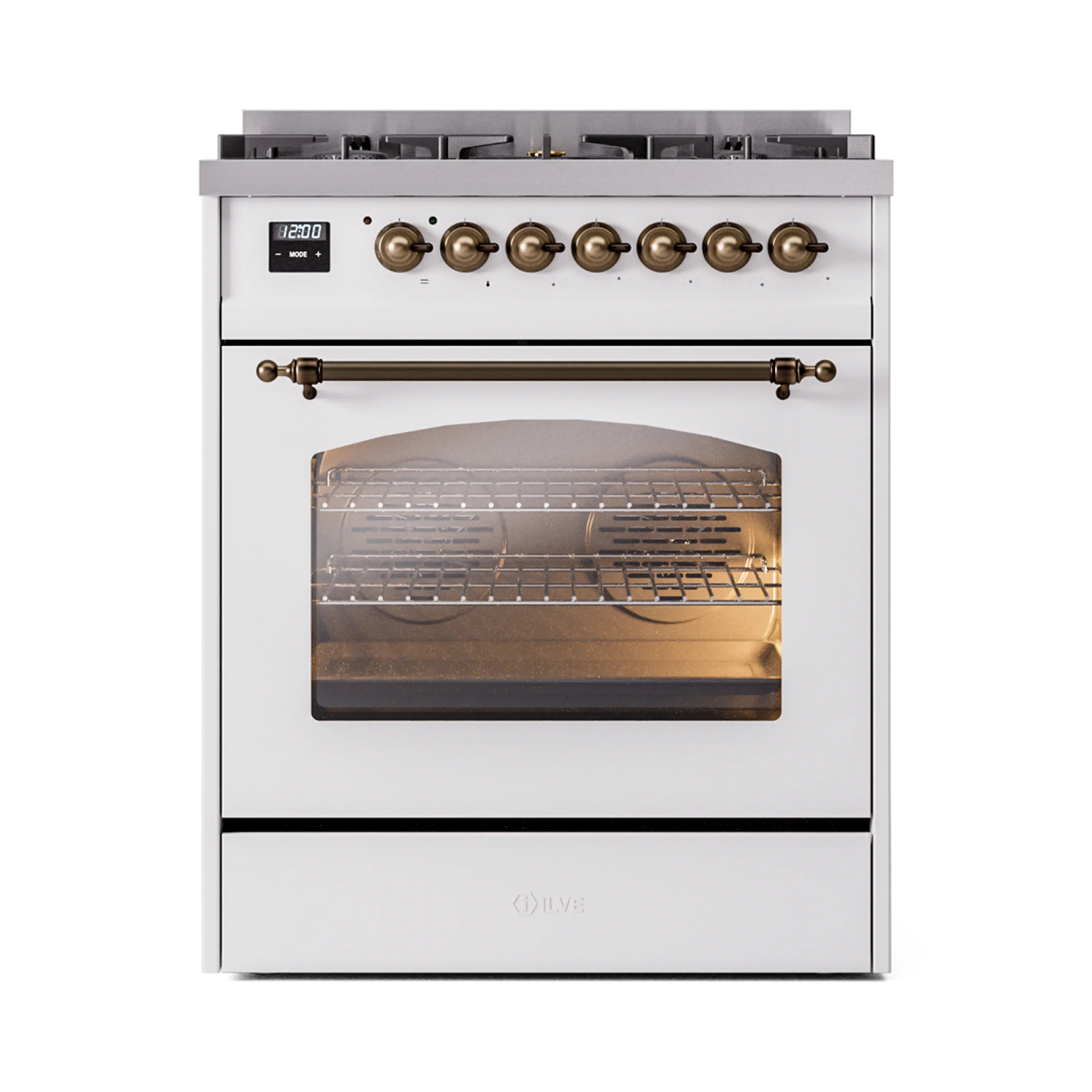White freestanding dual fuel range with bronze knobs and windowed oven door