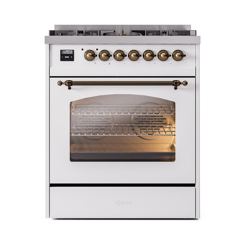 ILVE Nostalgie II 30-Inch Dual Fuel Freestanding Range in White with Bronze Trim (UP30NMPWHB)