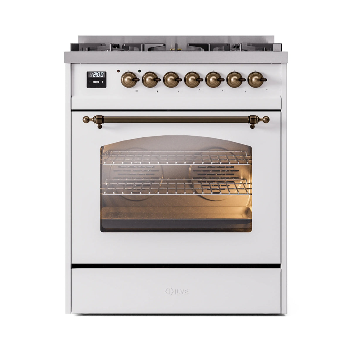 Freestanding dual-fuel range in white with bronze knobs and oven door window