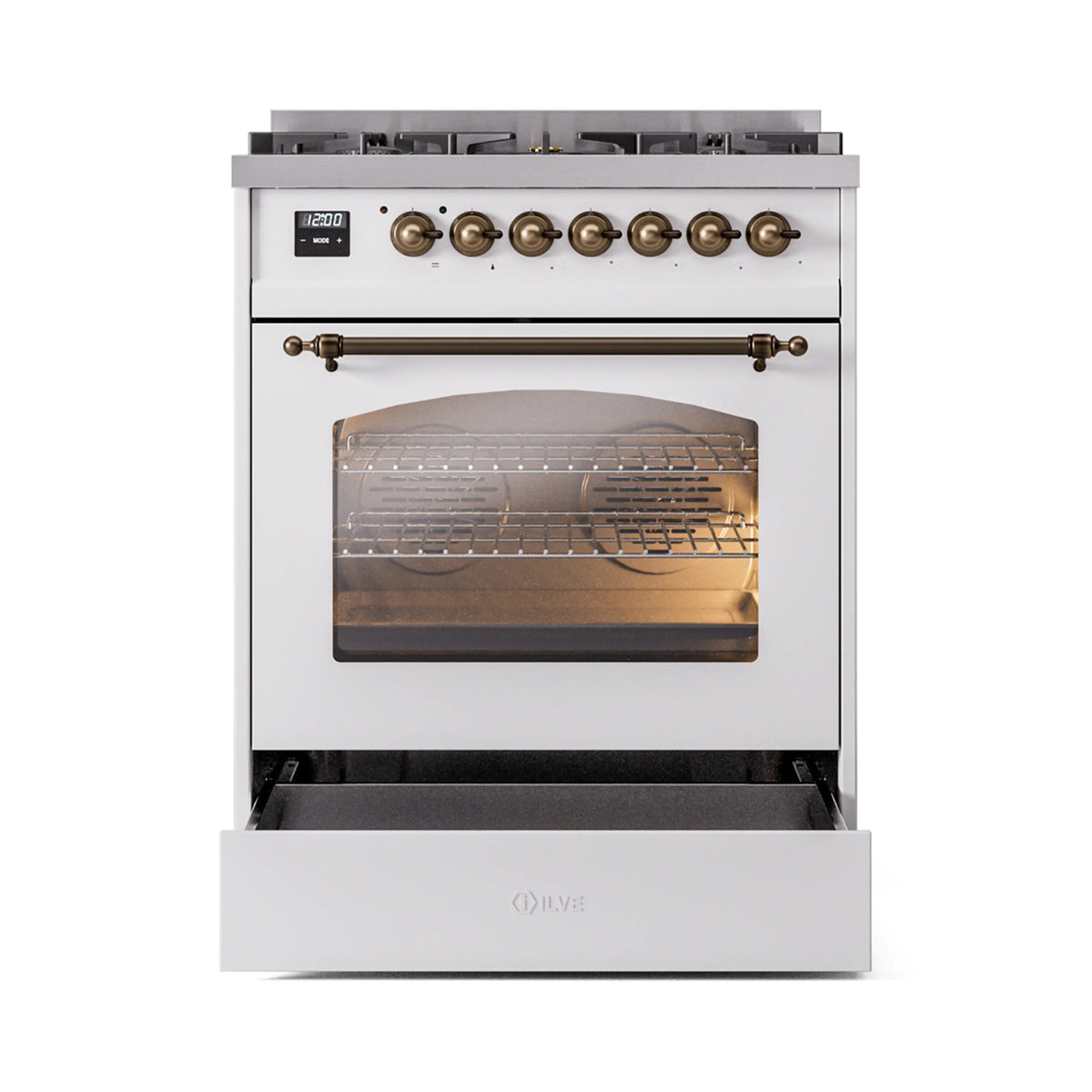 White freestanding range with bronze control knobs and visible oven interior