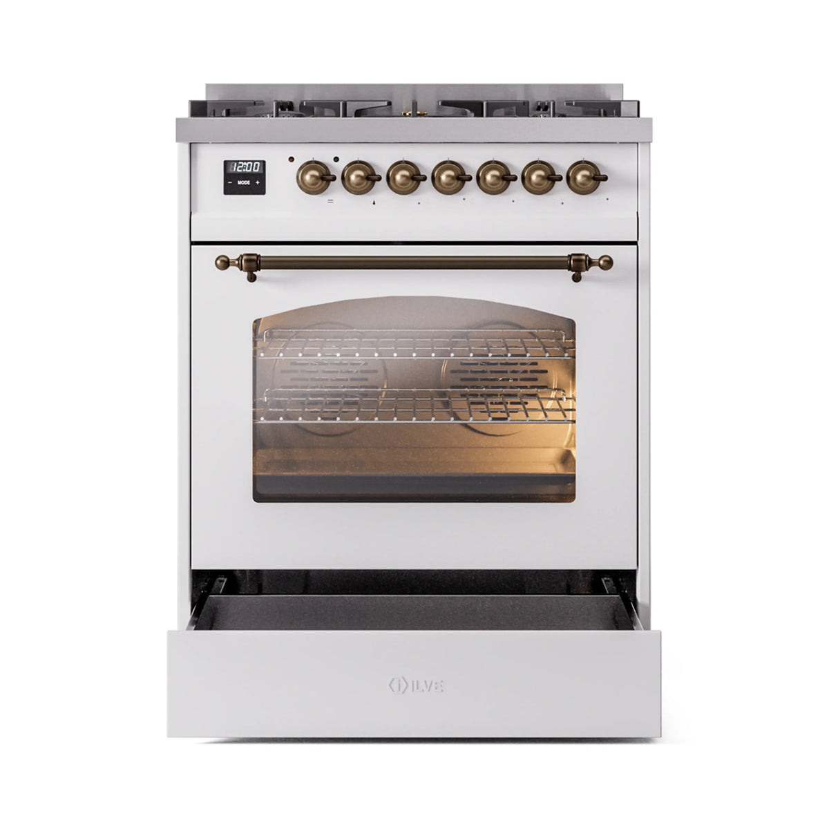 Freestanding dual-fuel range in white with bronze knobs, open oven door, and lit interior