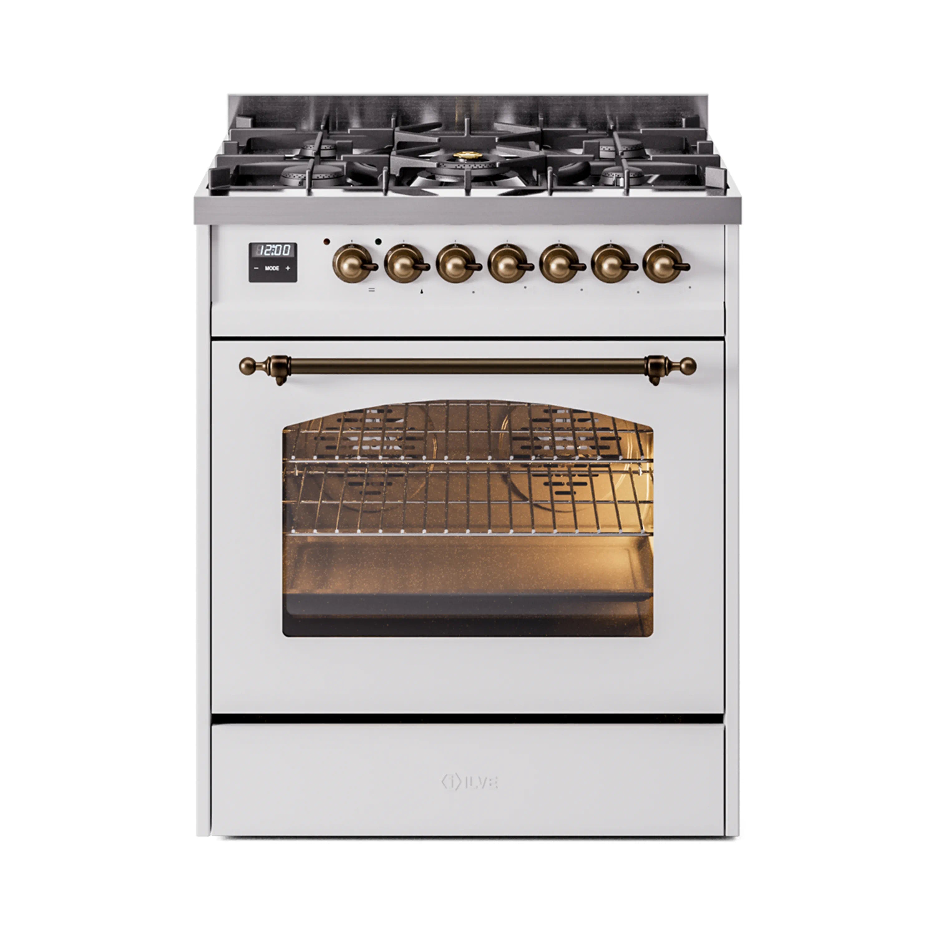 White freestanding dual fuel range with bronze knobs and lit oven through glass