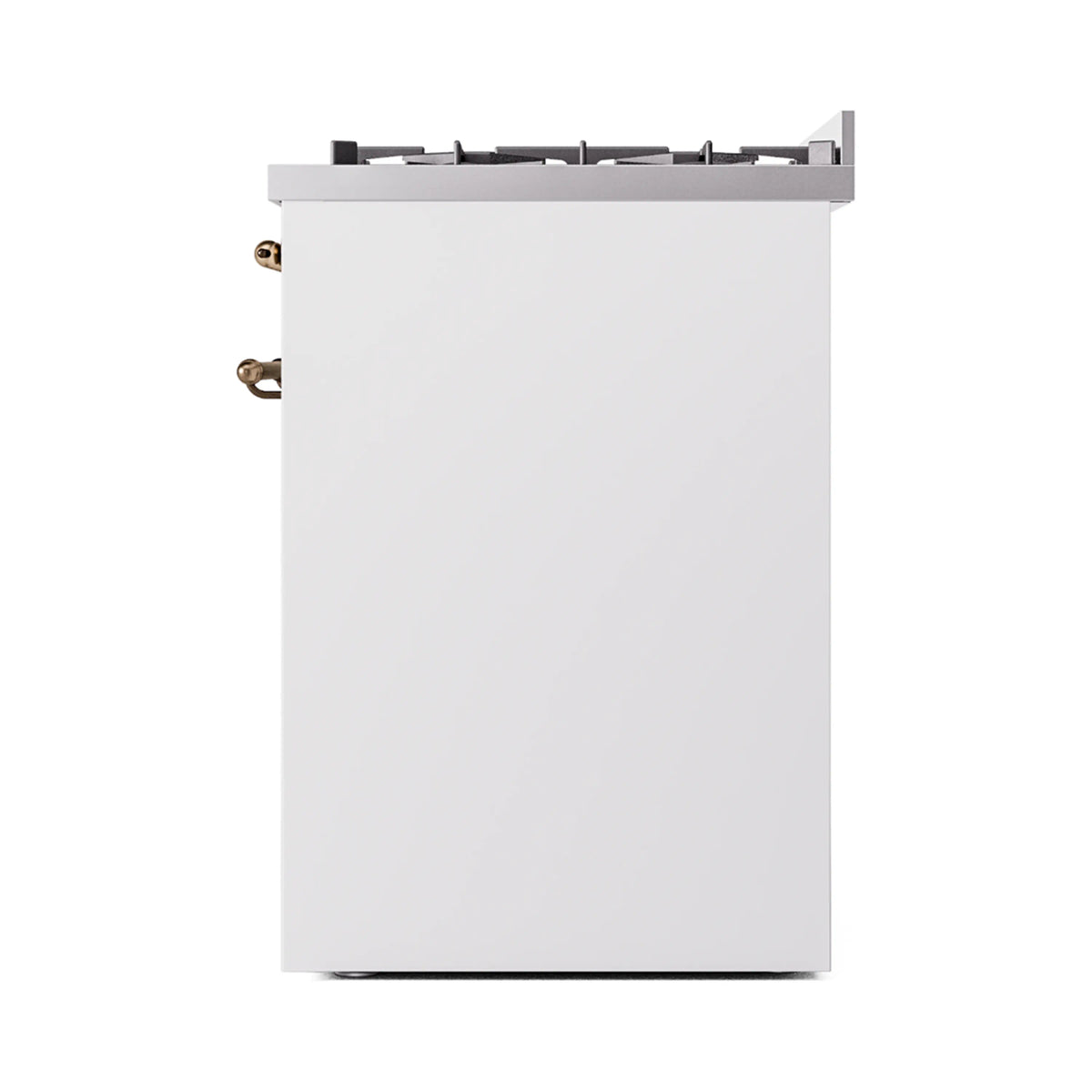 White freestanding range rear corner view with cooktop burners visible