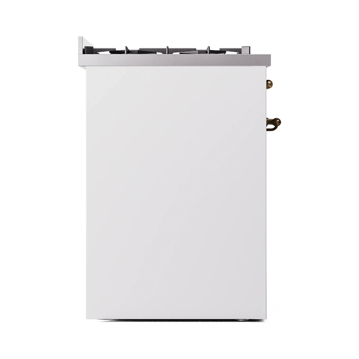 Freestanding dual-fuel range in white, side/back view with visible bronze control hardware