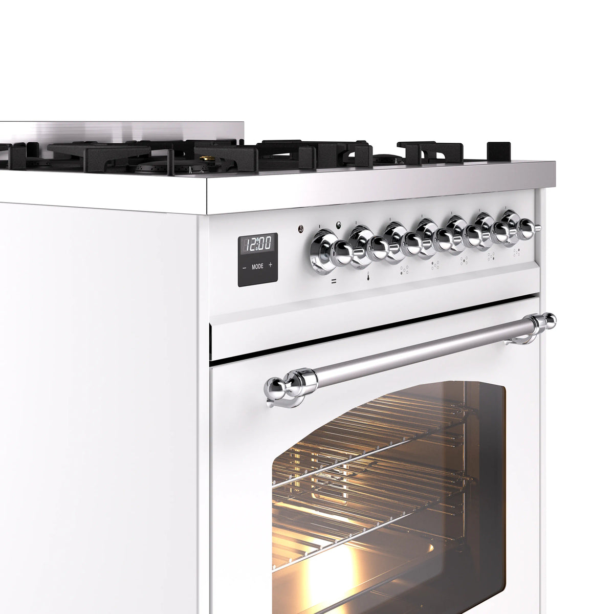White dual fuel freestanding range with knob controls, oven window, and chrome trim