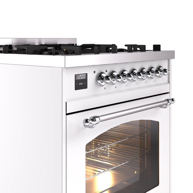 ILVE Nostalgie II 30-Inch Dual Fuel Freestanding Range in White with Chrome Trim (UP30NMPWHC)