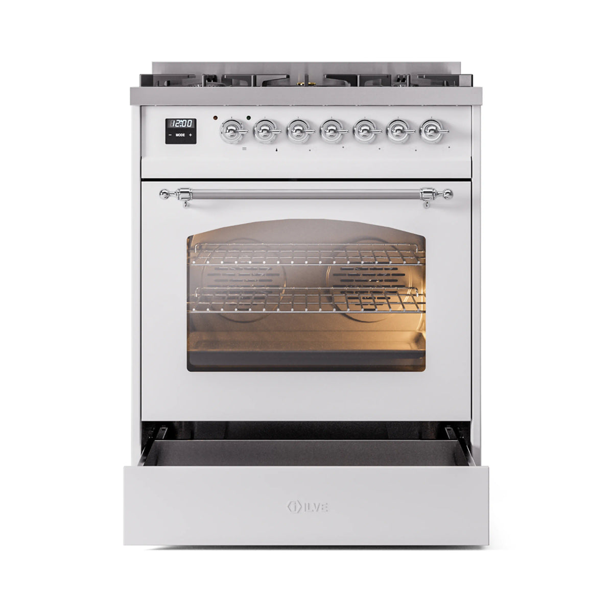 White dual fuel freestanding range with chrome trim, oven door open and warm interior