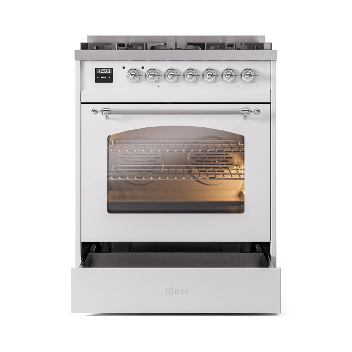 Dual-fuel range with white body and chrome handle, oven door fully open