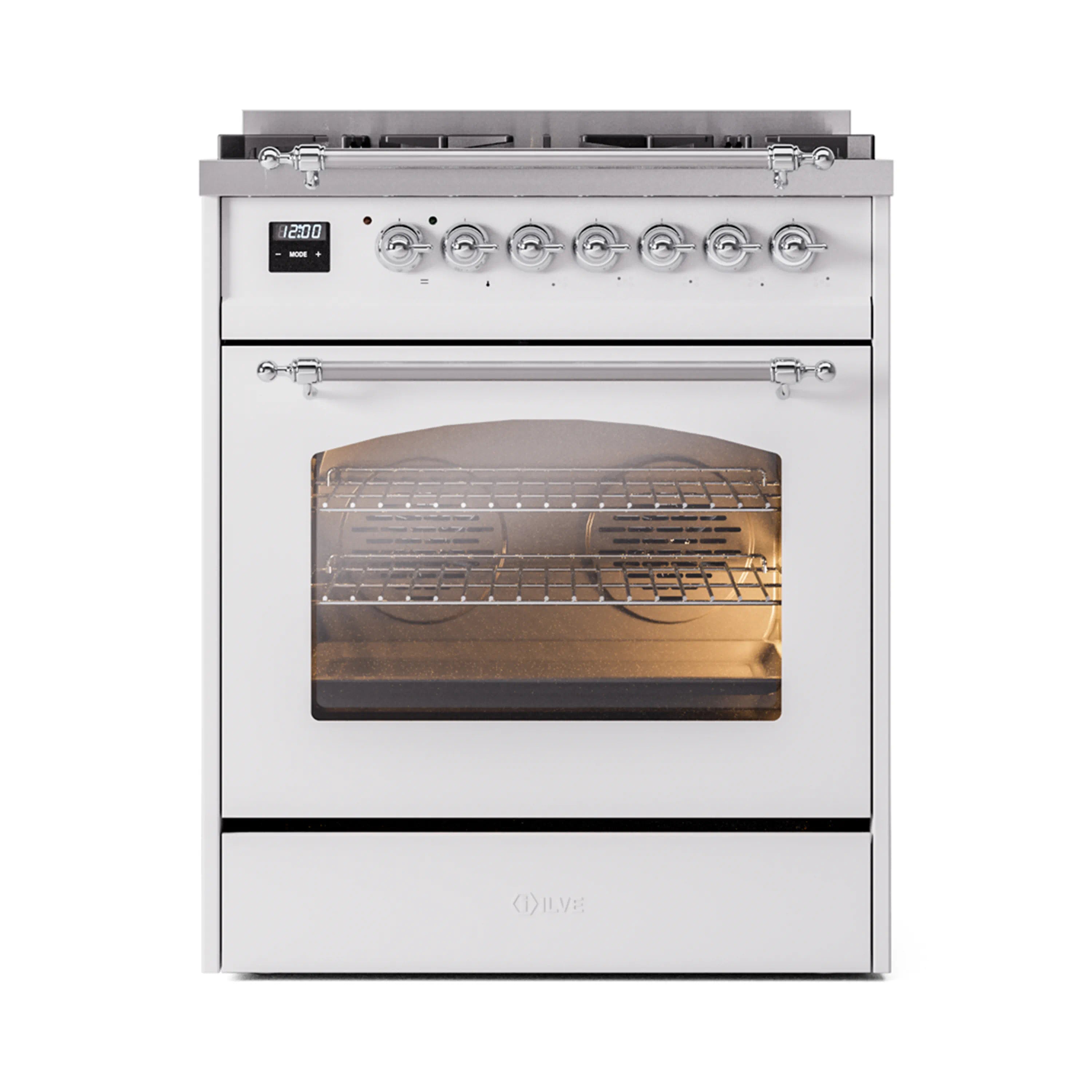 White dual fuel freestanding range with chrome trim, oven door open and lit oven