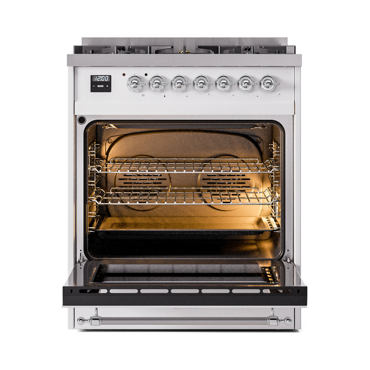 White dual fuel freestanding range with oven open, visible racks and burner grates