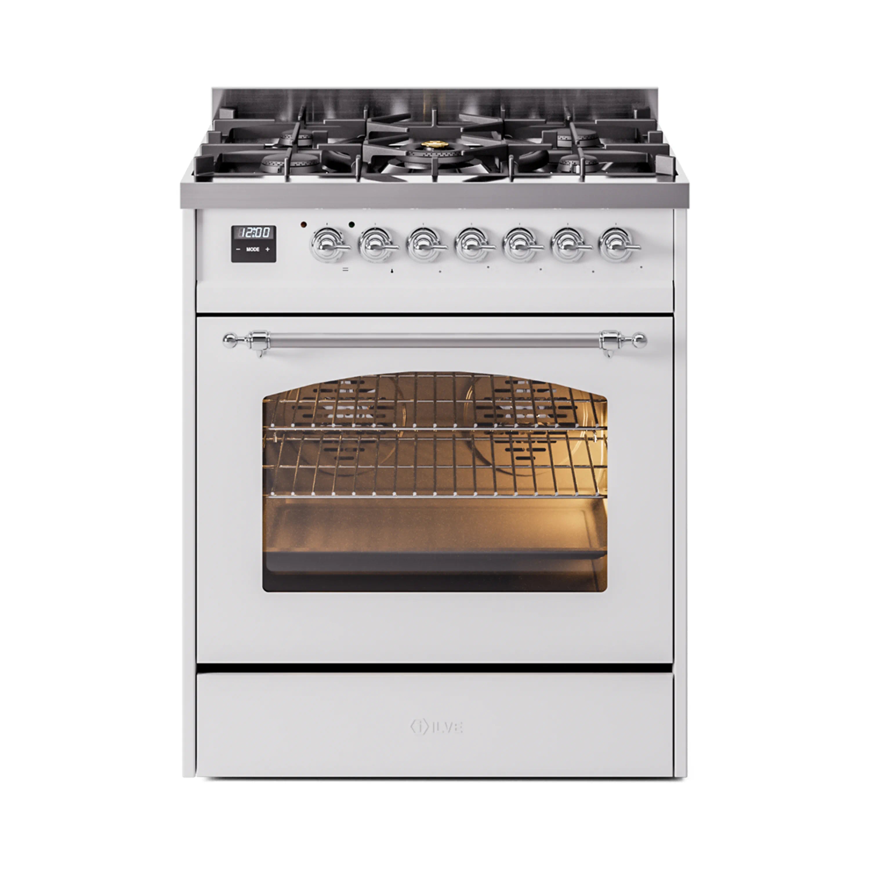 White dual fuel freestanding range with chrome trim, oven door closed and lit interior