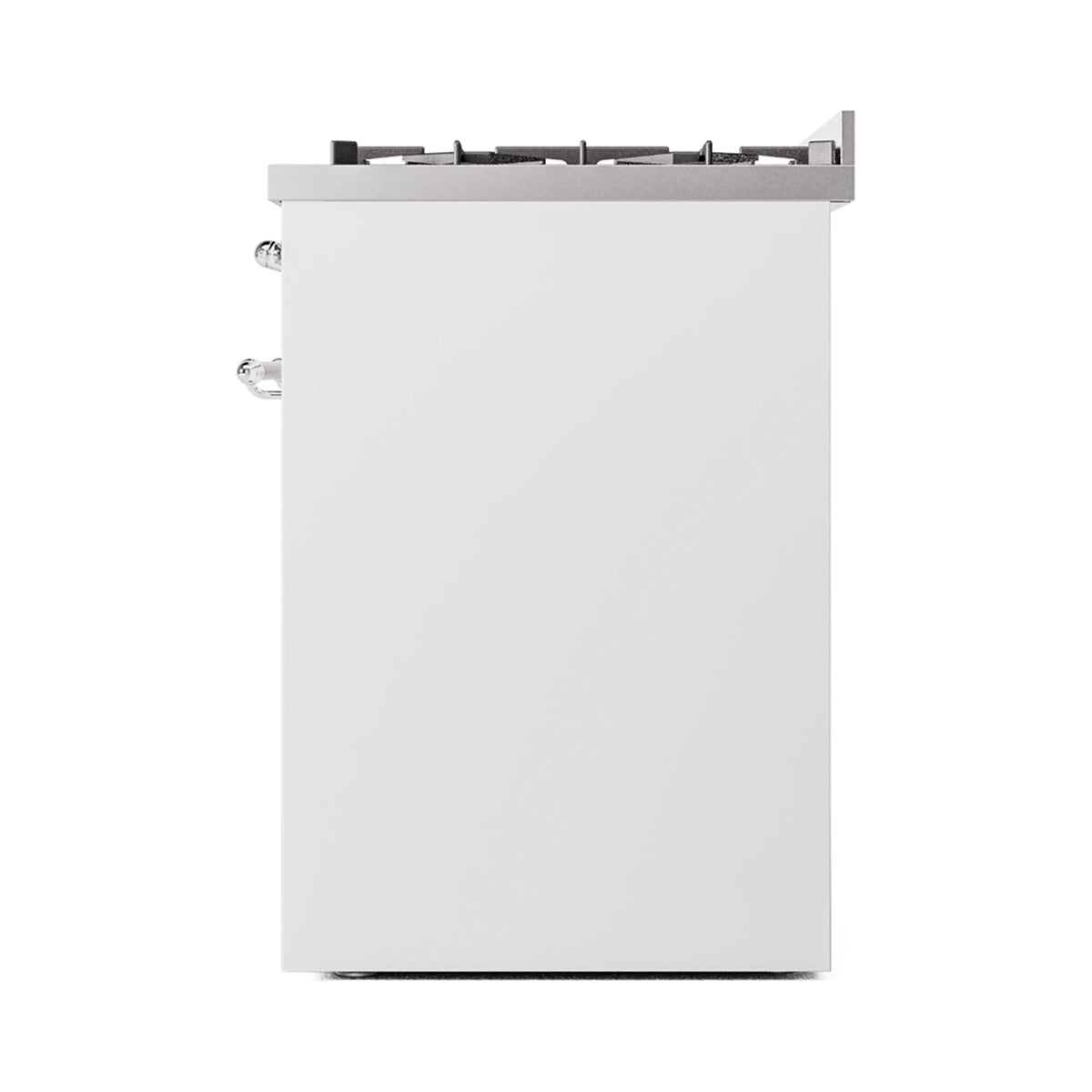 White dual fuel freestanding range showing left side panel and control area