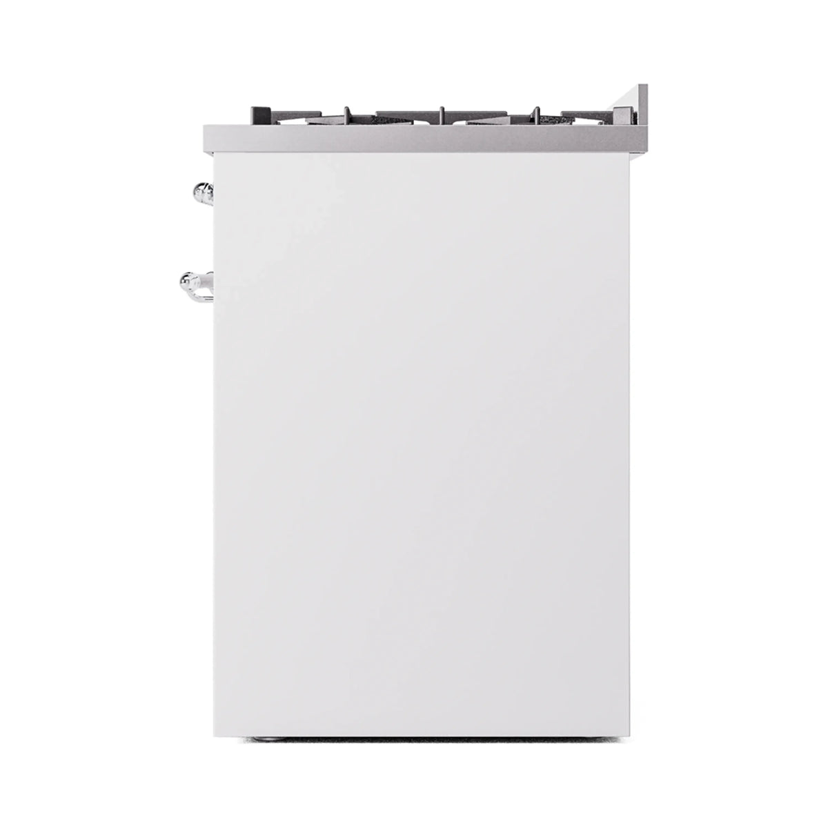 White freestanding dual-fuel range rear with exposed connections and chrome knobs