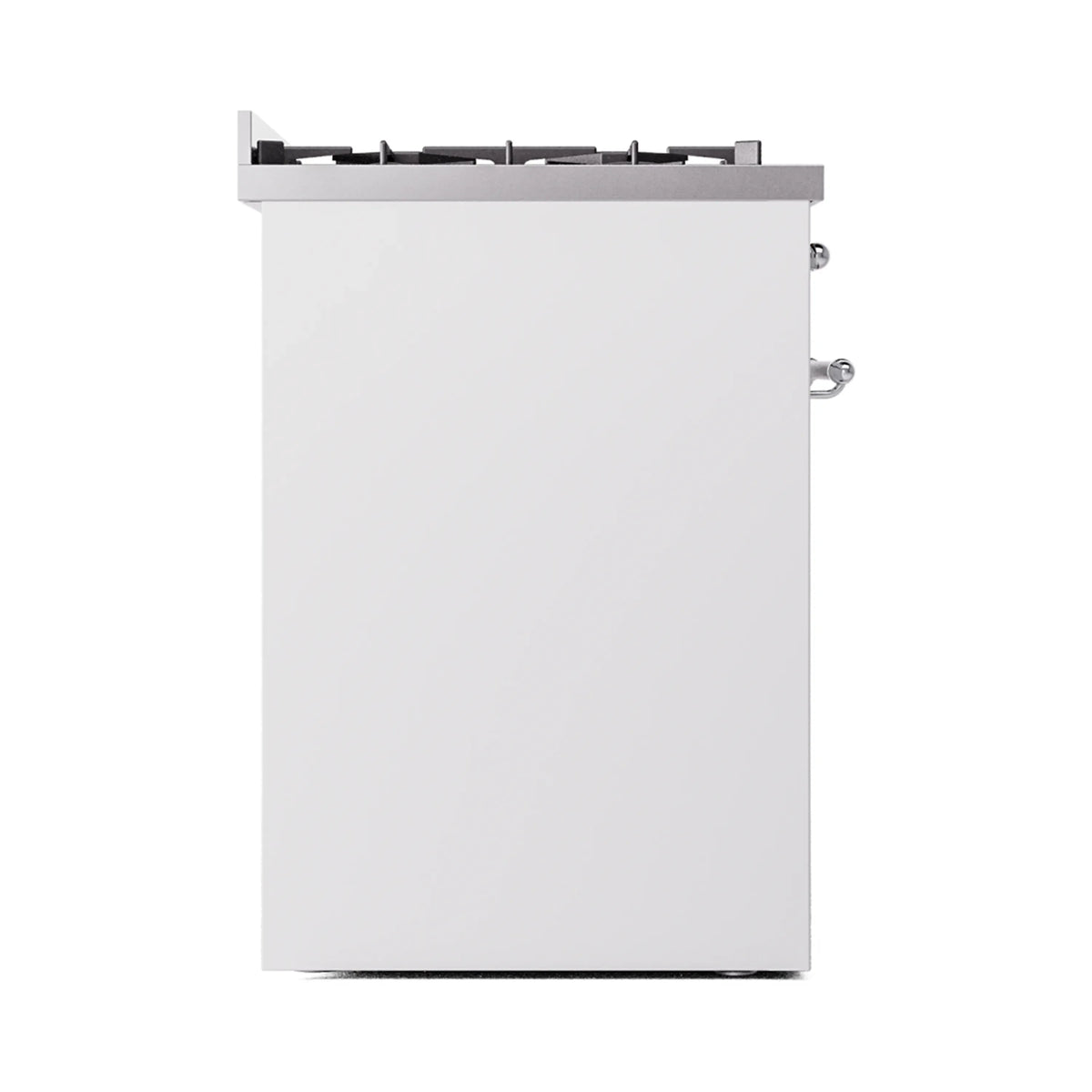 White freestanding dual-fuel range back view with control hardware and chrome fittings