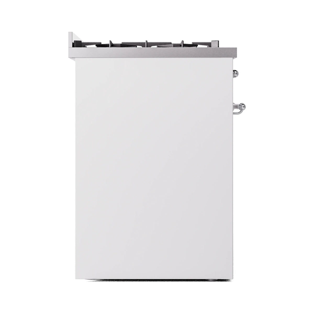 White dual fuel freestanding range showing right side panel and chrome handles