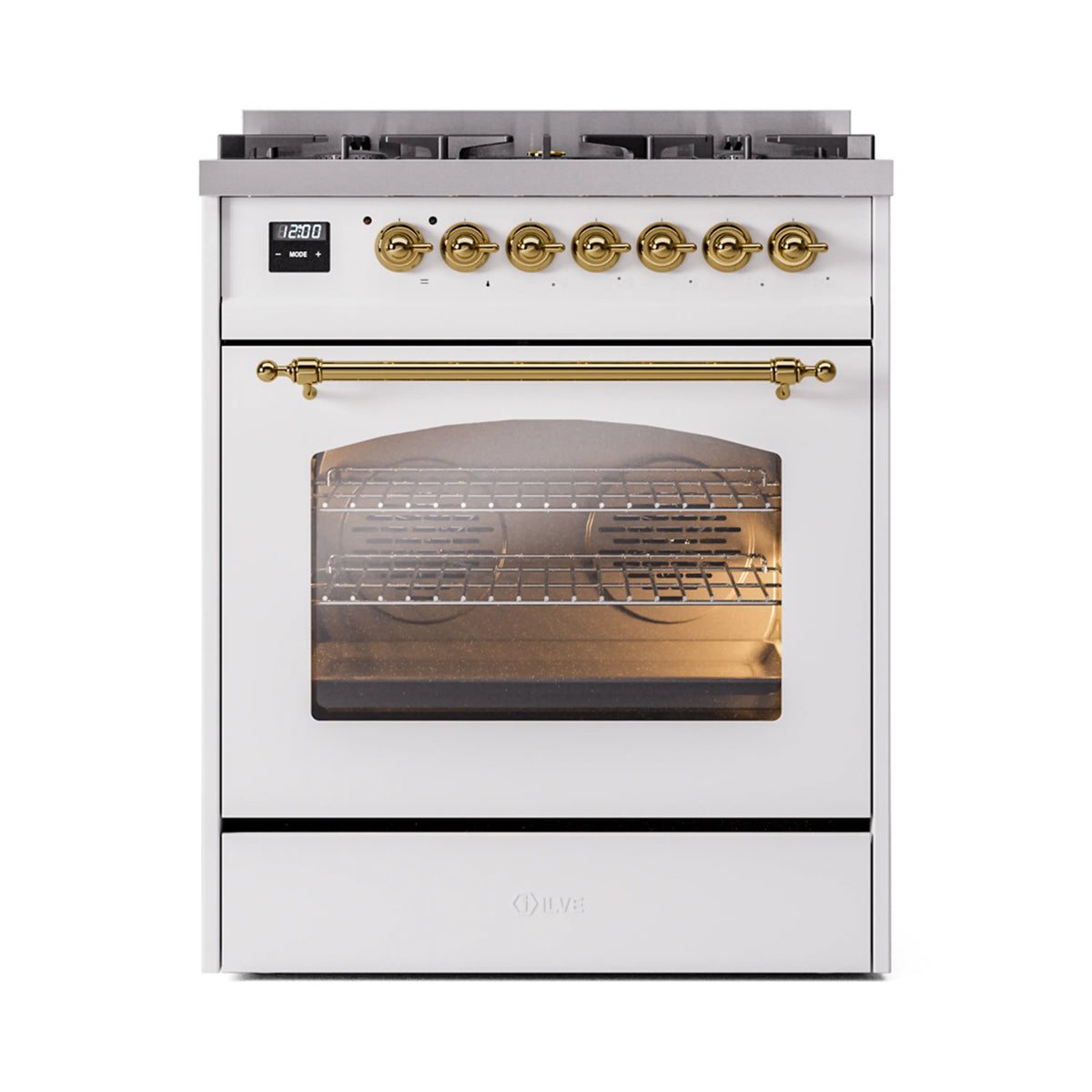 White dual fuel freestanding range with brass knobs, brass handle, and lit oven window